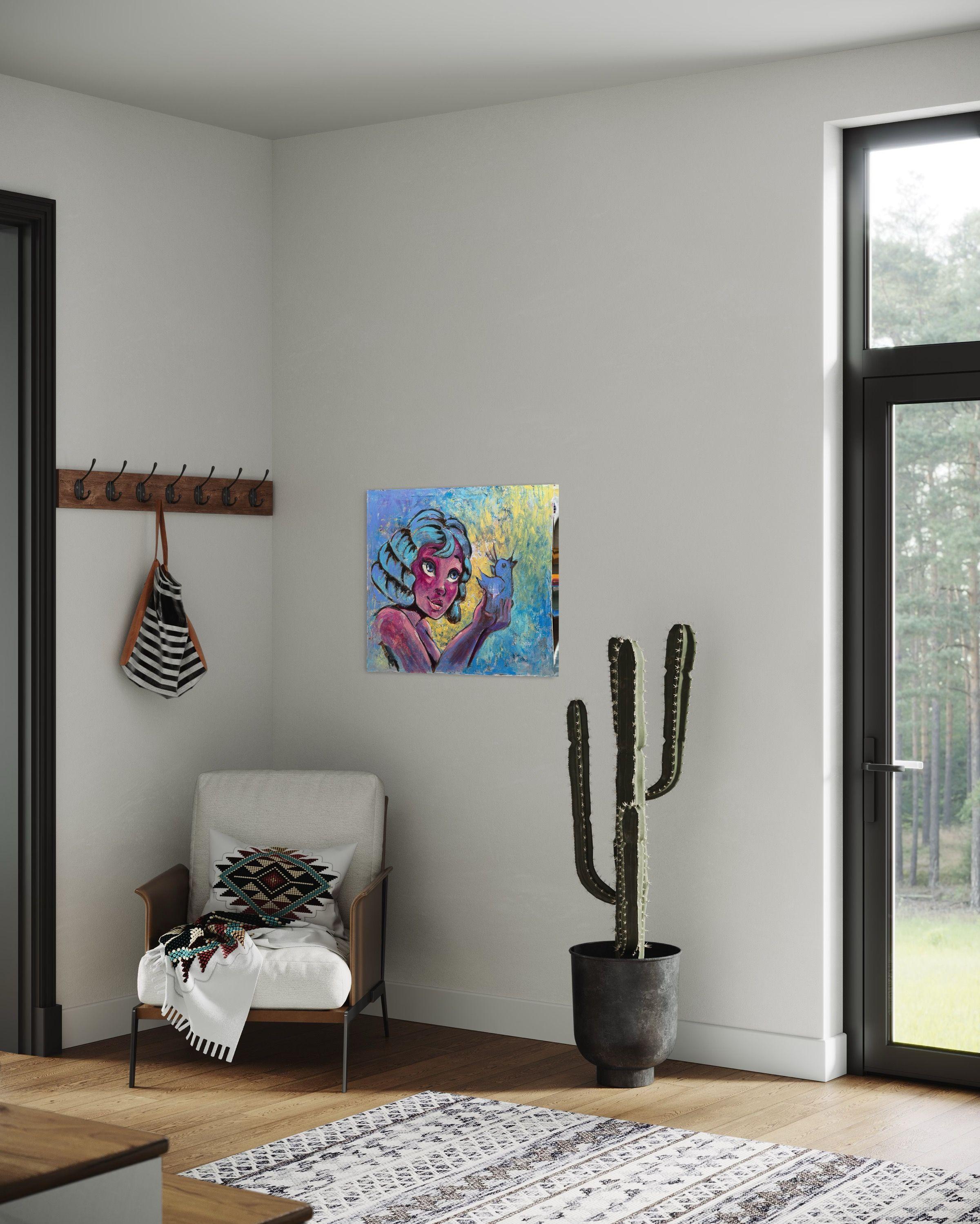 Dieses Gemälde ist fertig zum Aufhängen: Ich habe den Draht auf der Rückseite befestigt, und die Leinwand kann so bleiben, wie sie ist, es wird kein Rahmen benötigt (es sei denn, Sie wollen einen).    Etwas Niedliches und Lustiges sehe ich manchmal