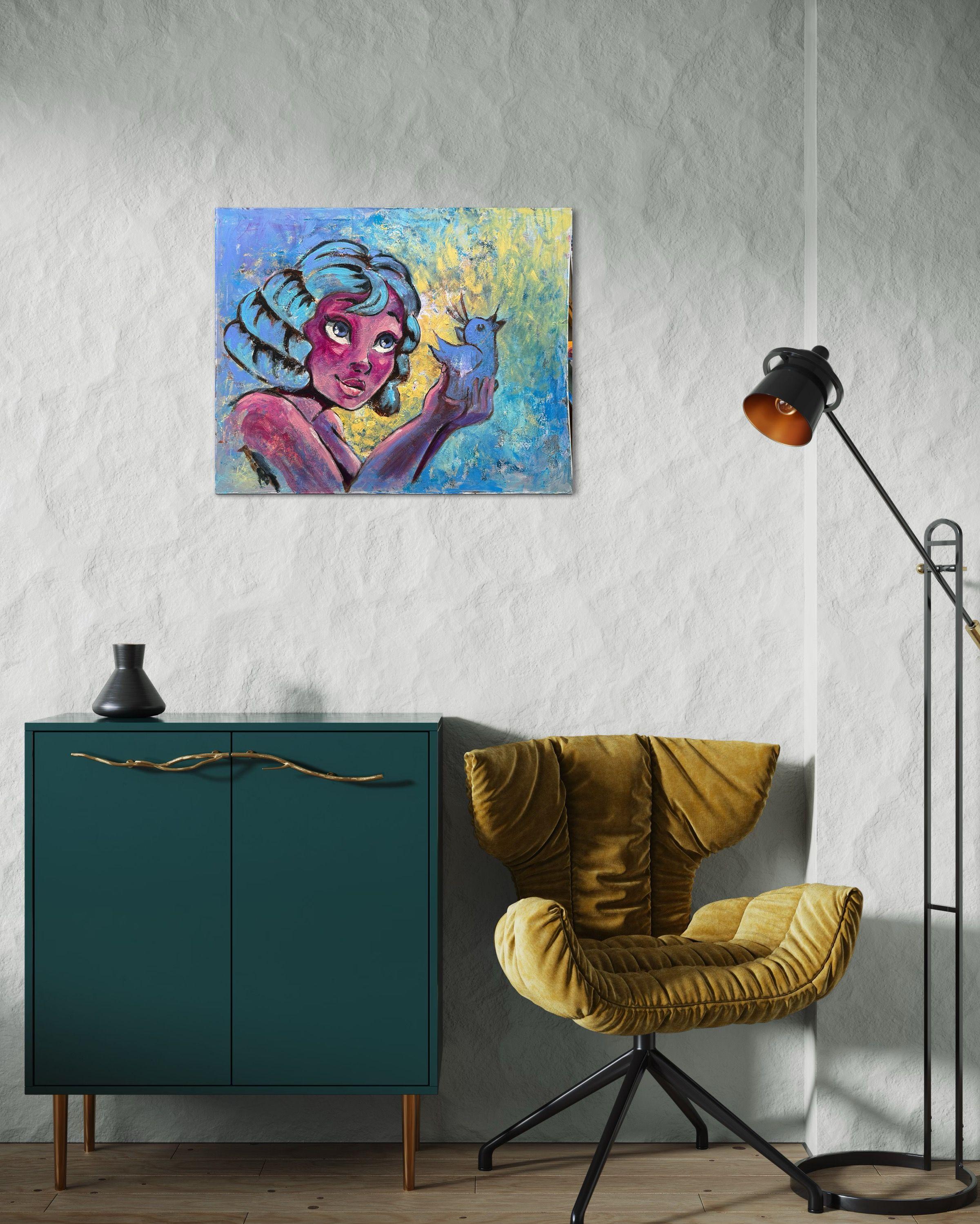 Ein Vogel, Gemälde, Acryl auf Glas im Angebot 1