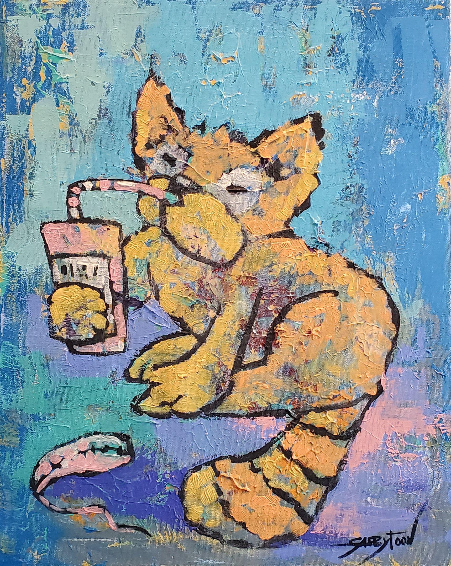 Gabriella DeLamater Abstract Painting - Cat With Soda, Painting, Acrylic on Canvas