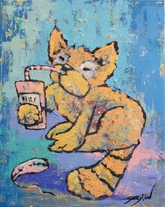 Cat With Soda, Painting, Acrylic on Canvas