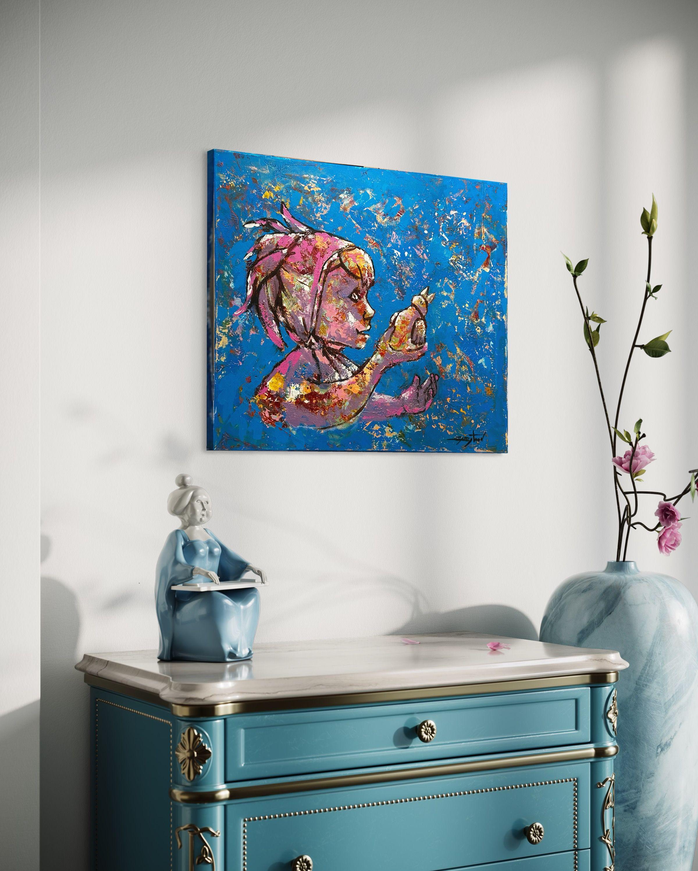 Dieses Gemälde ist fertig zum Aufhängen: Ich habe den Draht auf der Rückseite befestigt, und die Leinwand kann so bleiben, wie sie ist, es wird kein Rahmen benötigt (es sei denn, Sie wollen ihn wirklich).    Etwas Niedliches und Lustiges sehe ich