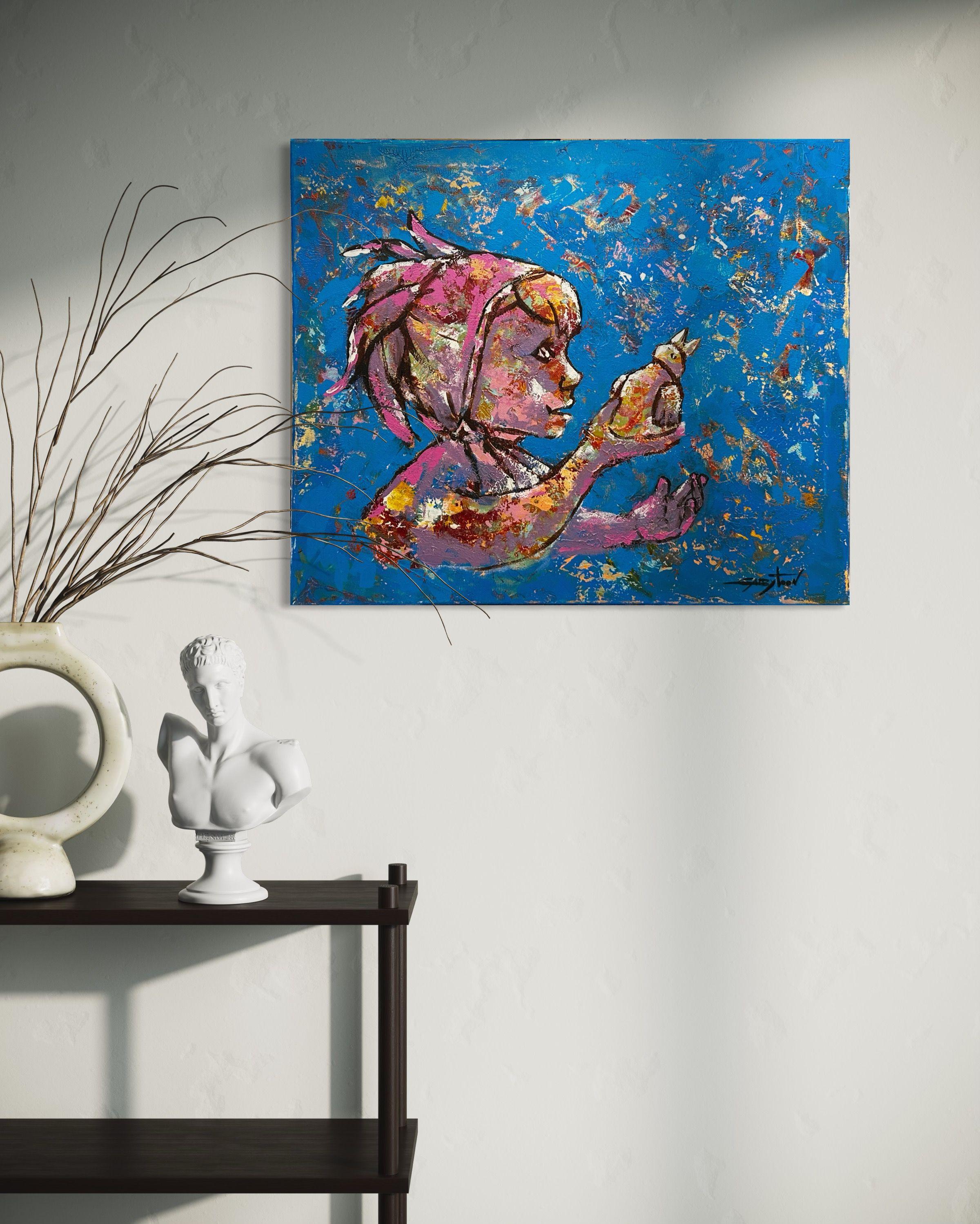 Kleiner Vogel, Gemälde, Acryl auf Leinwand im Angebot 1