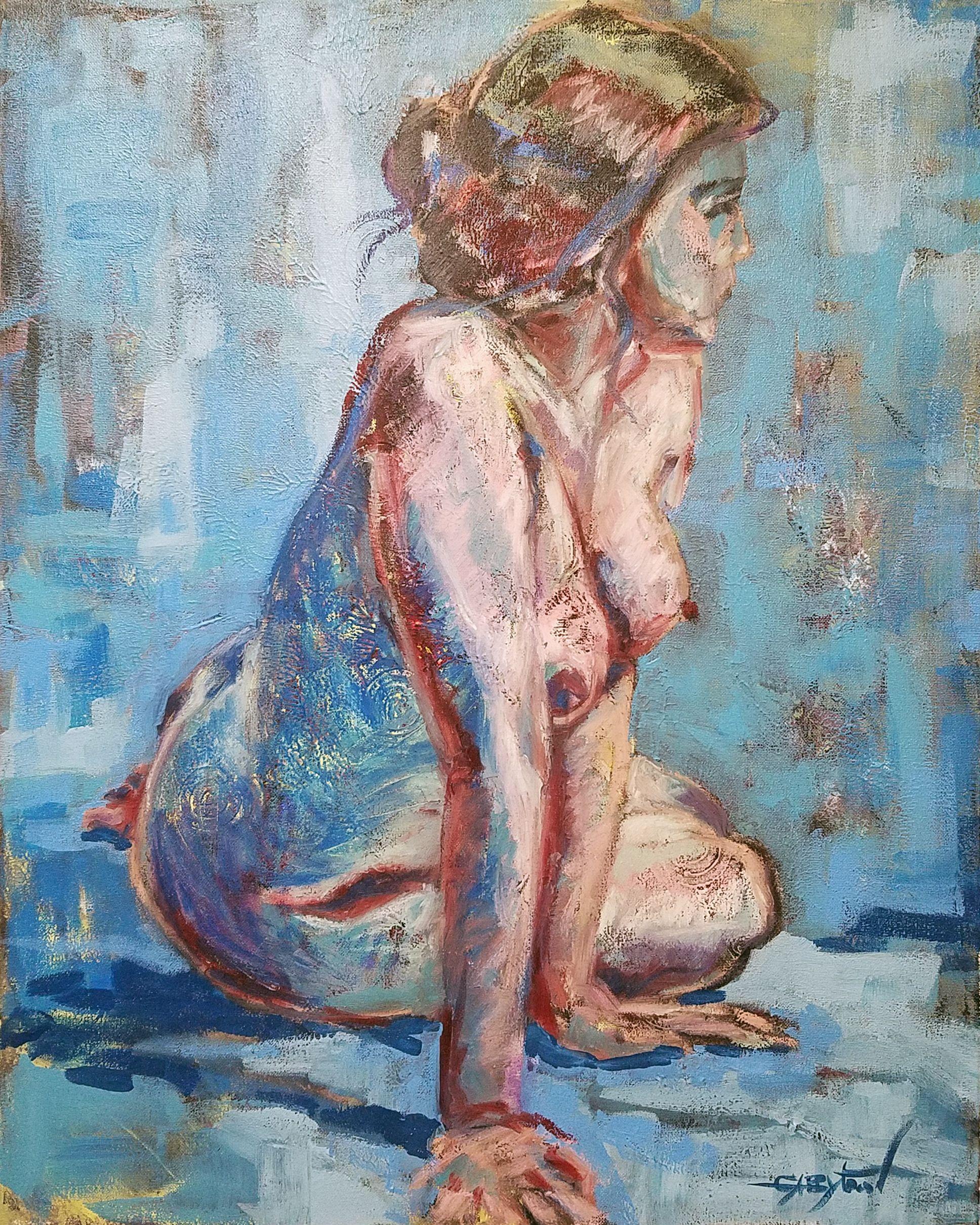 Resting  Oil, Stretched canvas 24"x30  Resting:  I was having so much fun with the other two paintings, I still had inspiration for a third. For this painting, I wanted to get a three-dimensional feel with the subject leaning toward the foreground.