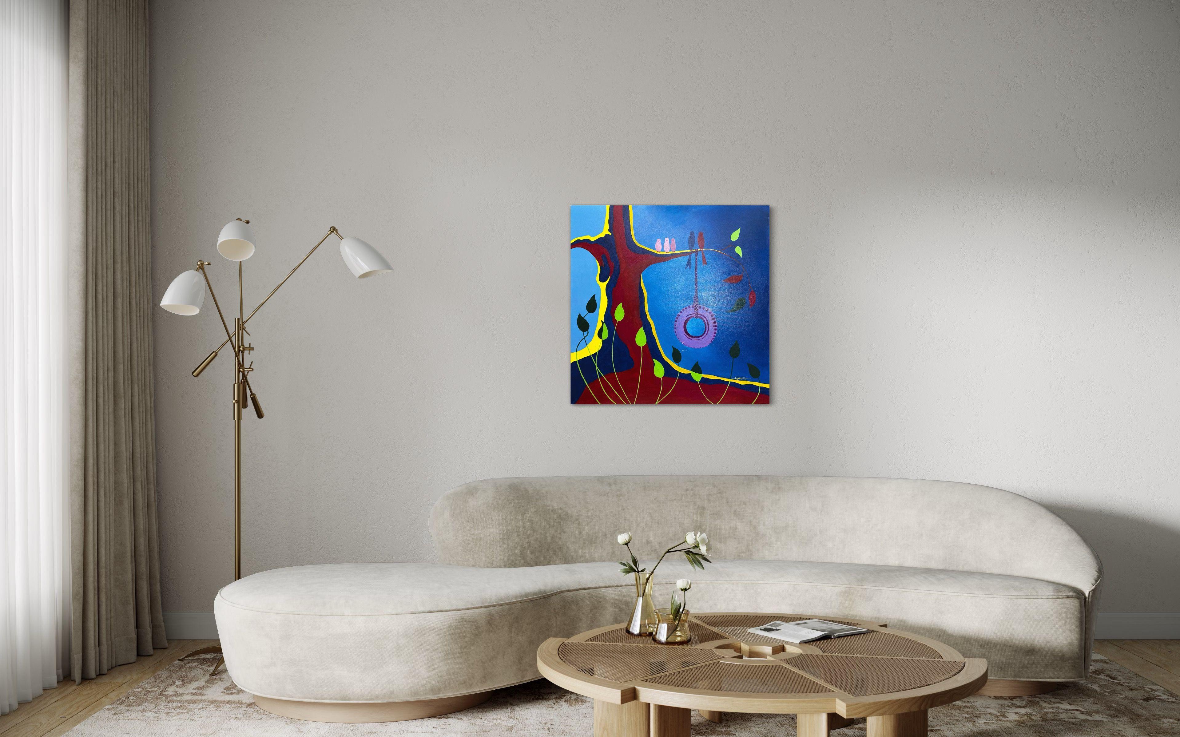 Dieses Gemälde ist fertig zum Aufhängen: Ich habe den Draht auf der Rückseite befestigt, und die Leinwand kann so bleiben, wie sie ist, es wird kein Rahmen benötigt (es sei denn, Sie wollen einen).    Etwas Niedliches und Lustiges sehe ich manchmal