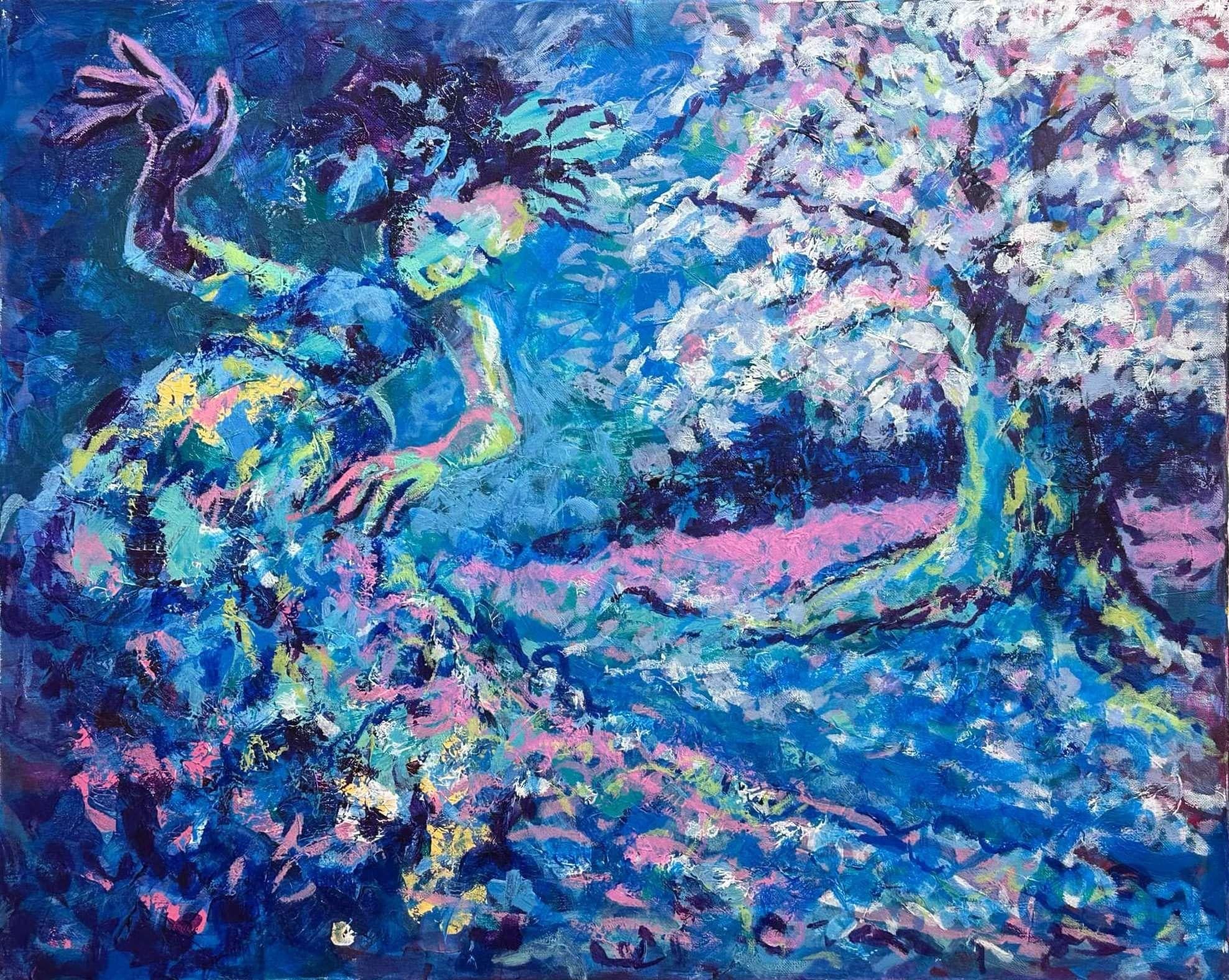 La danza con il sakura in fiore, Pittura, Acrilico su tela - Painting di Gabriella DeLamater