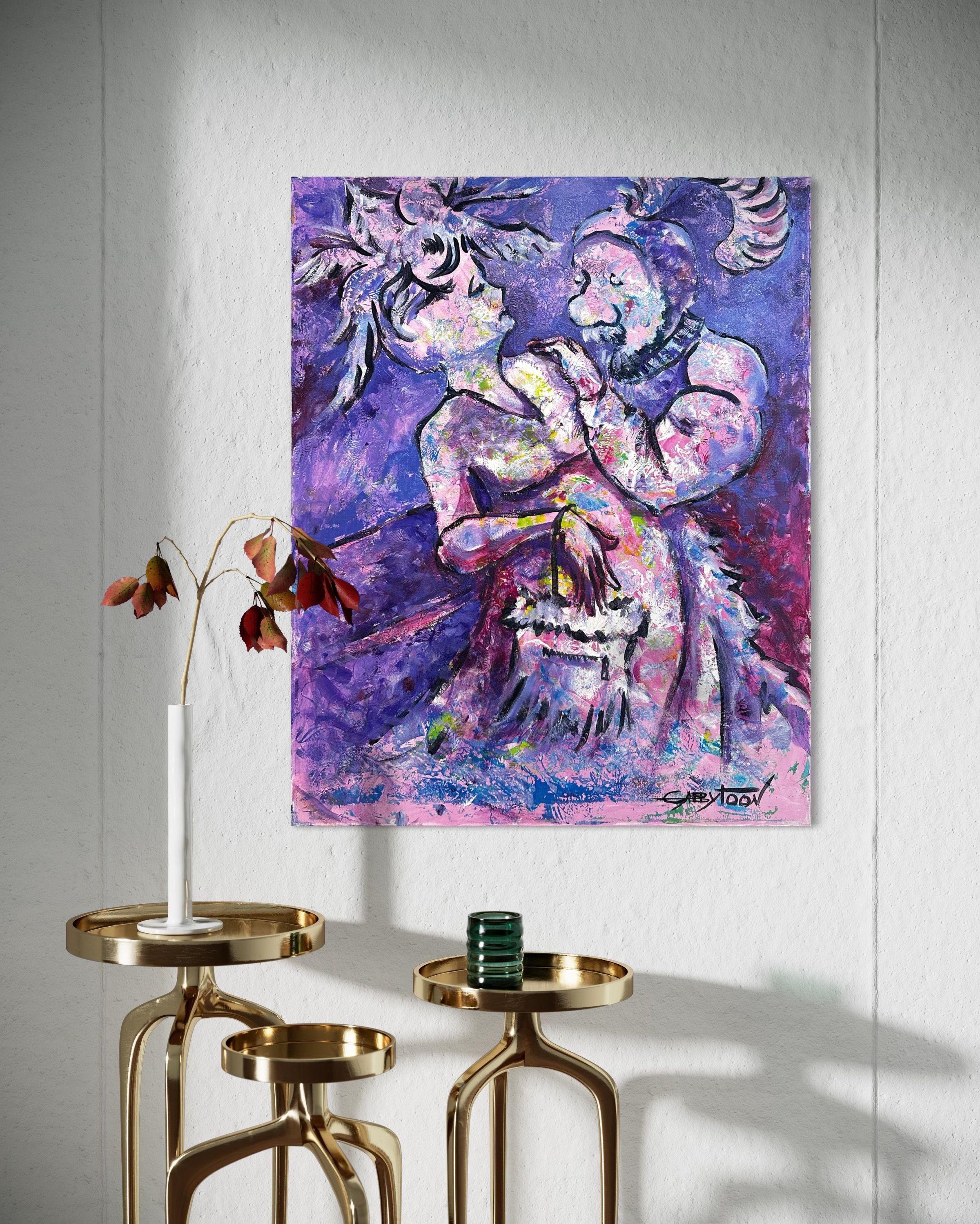 Dieses Gemälde ist fertig zum Aufhängen: Ich habe den Draht auf der Rückseite befestigt, und die Leinwand kann so bleiben, wie sie ist, es wird kein Rahmen benötigt (es sei denn, Sie wollen einen).    Etwas Niedliches und Lustiges sehe ich manchmal