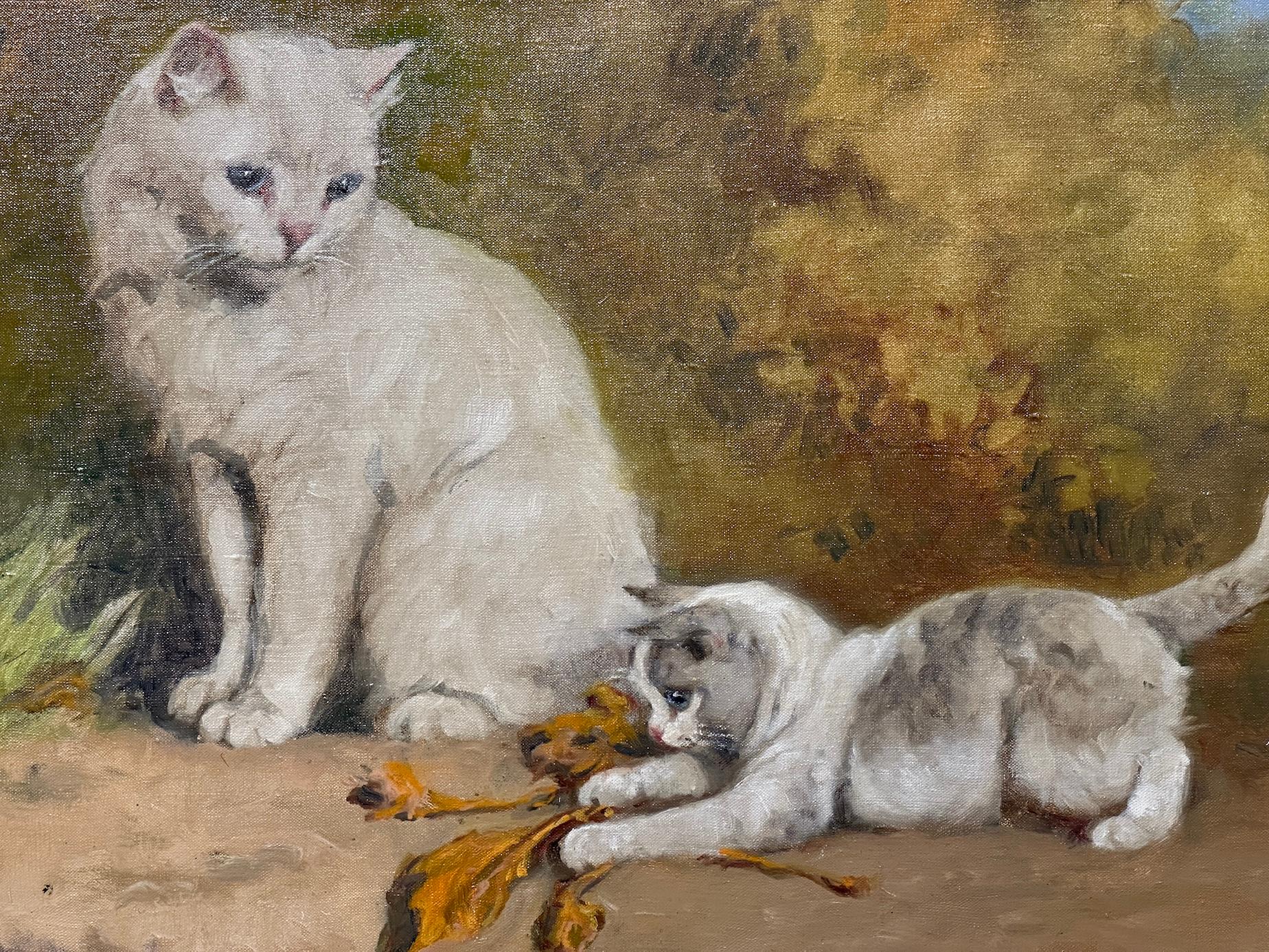Cats at play, portrait of a cat and a Kitten playing with a glove in a landscape - Painting by Gabriella Rainer-Istvanffy
