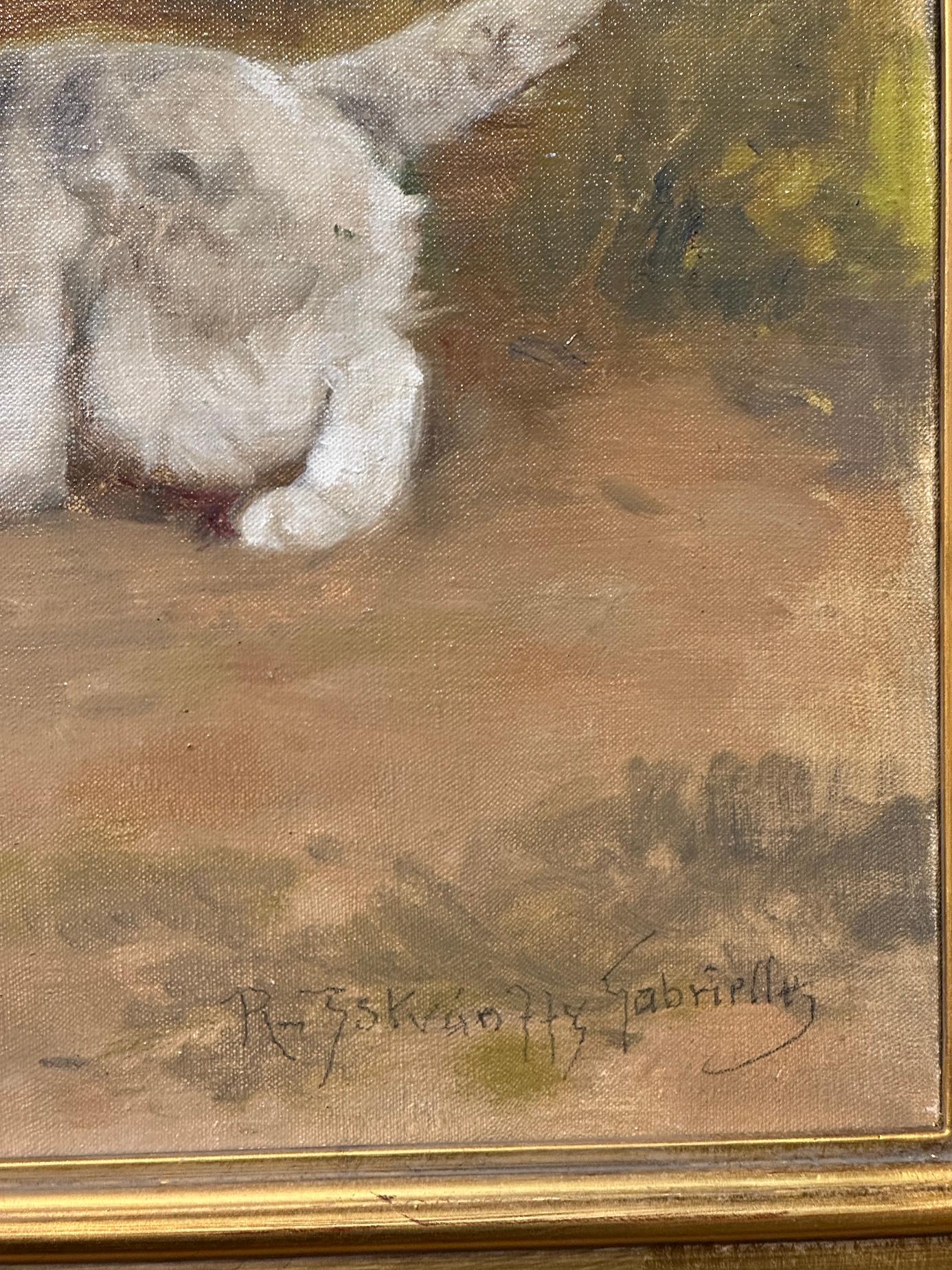 Cats at play, portrait of a cat and a Kitten playing with a glove in a landscape - Impressionist Painting by Gabriella Rainer-Istvanffy