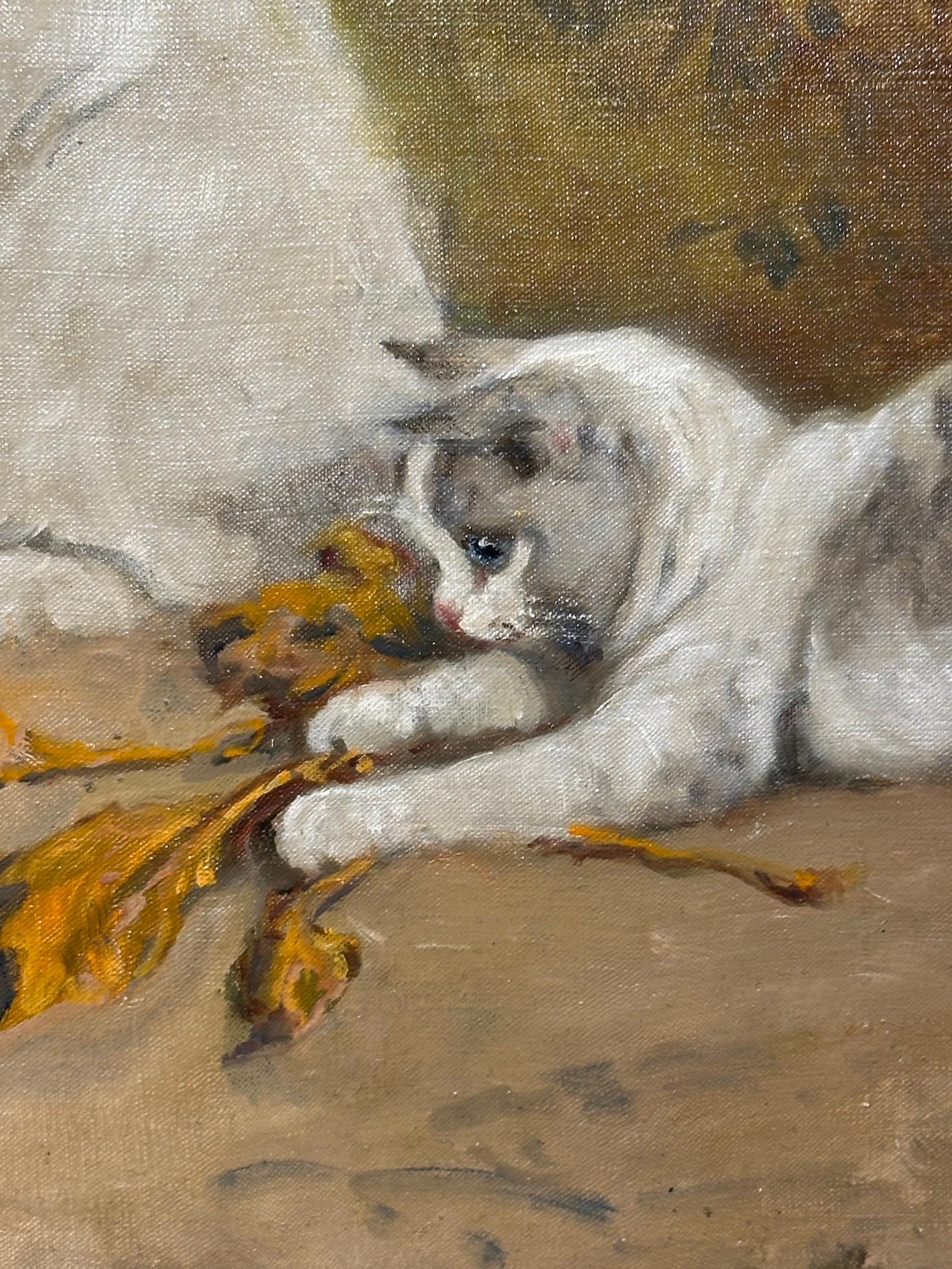 Cats at play, portrait of a cat and a Kitten playing with a glove in a landscape - Brown Animal Painting by Gabriella Rainer-Istvanffy