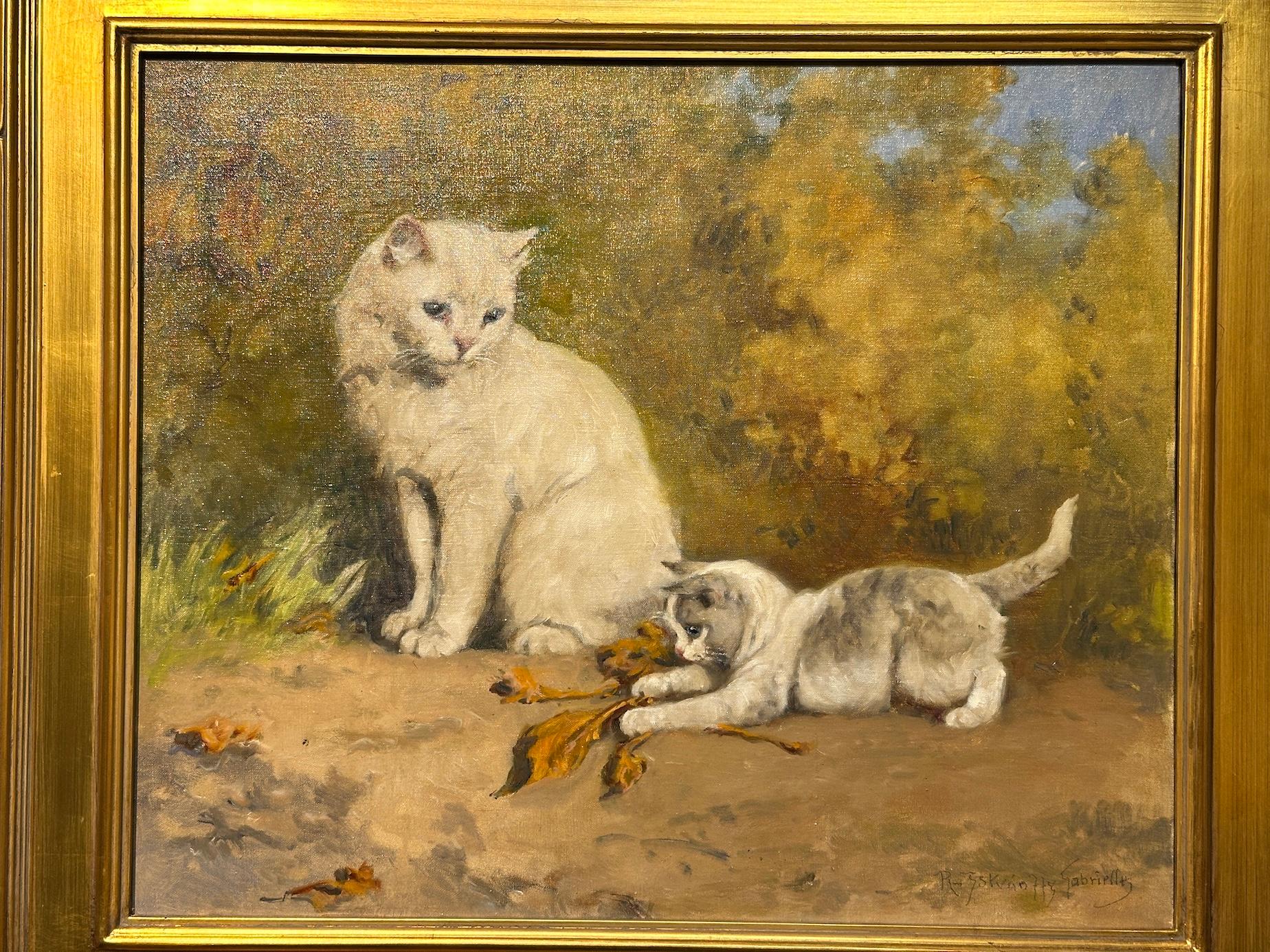 Cats at play, portrait of a cat and a Kitten playing with a glove in a landscape For Sale 1
