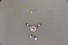 Gabriella Rivalta 18k Gold Choker Necklace with Enamel Rose & Pearls