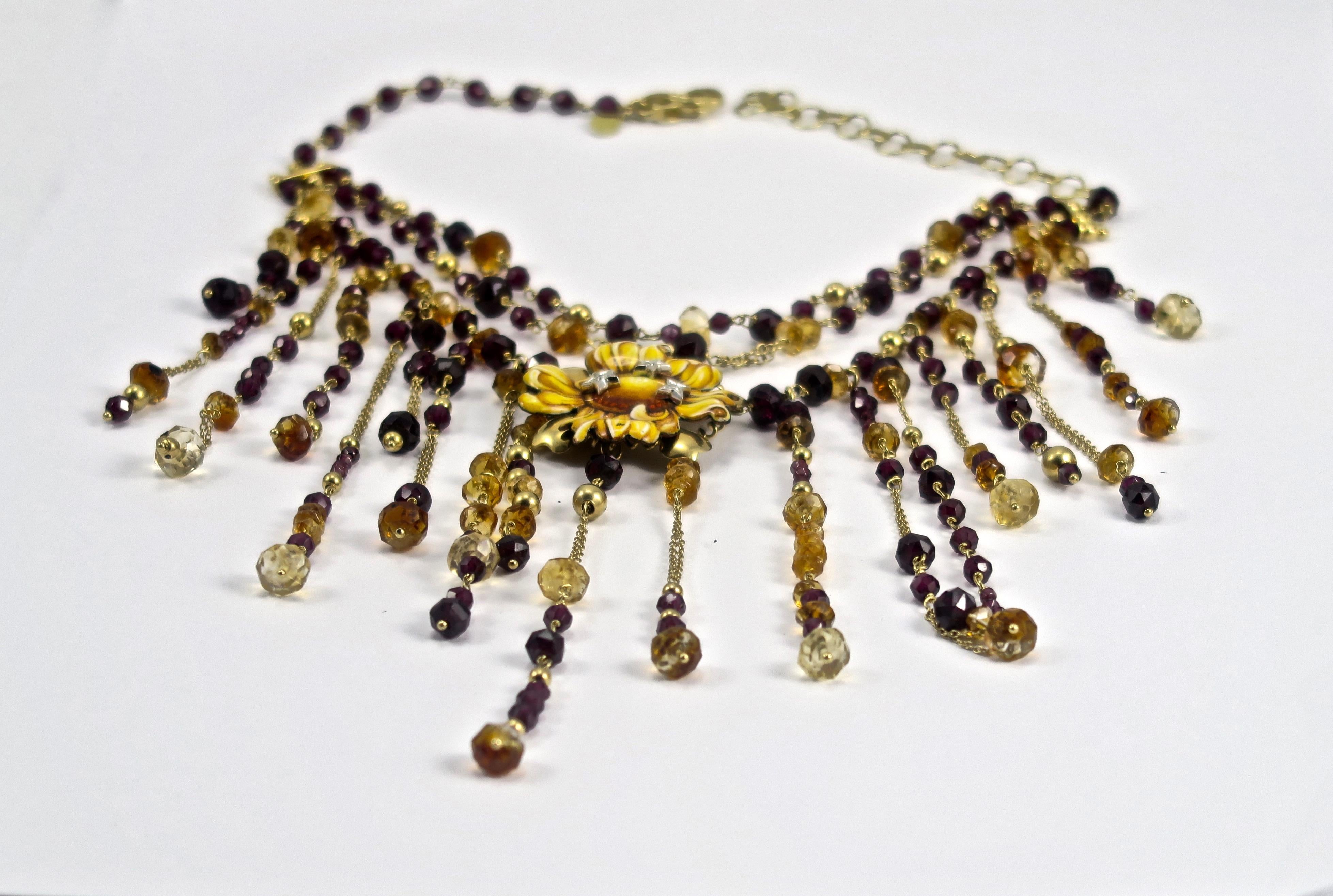 Contemporary Gabriella Rivalta Quartz Citrine Garnets Diamond Enameled Flower Necklace For Sale