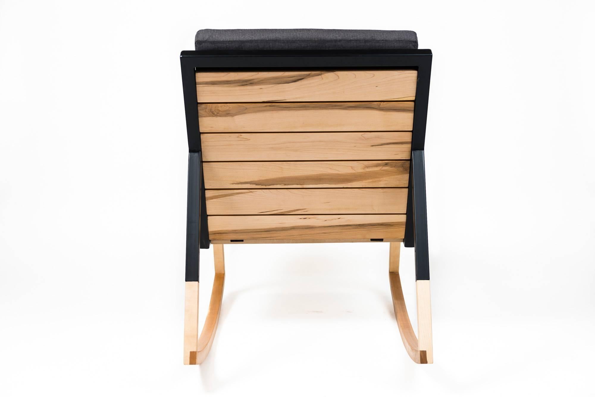 Modern Gabriella Rocking Chair by Ambrozia, Maple, Black Steel & Dark Gray Upholstery For Sale