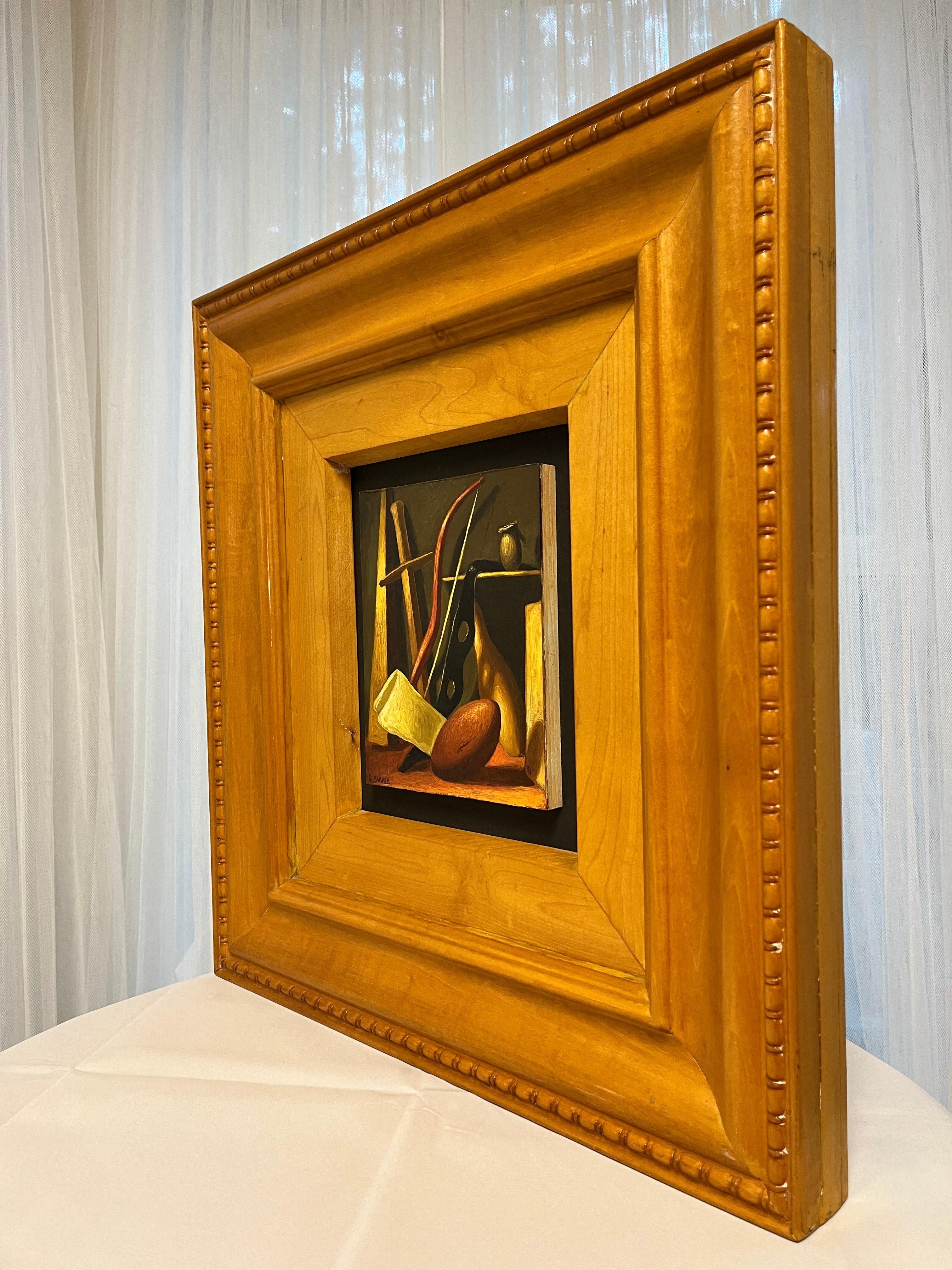 A contemporary / vintage surrealist style still life painting by American woman artist Gabrielle Bakker presented in a custom frame. From the Gabrielle Bakker website, 