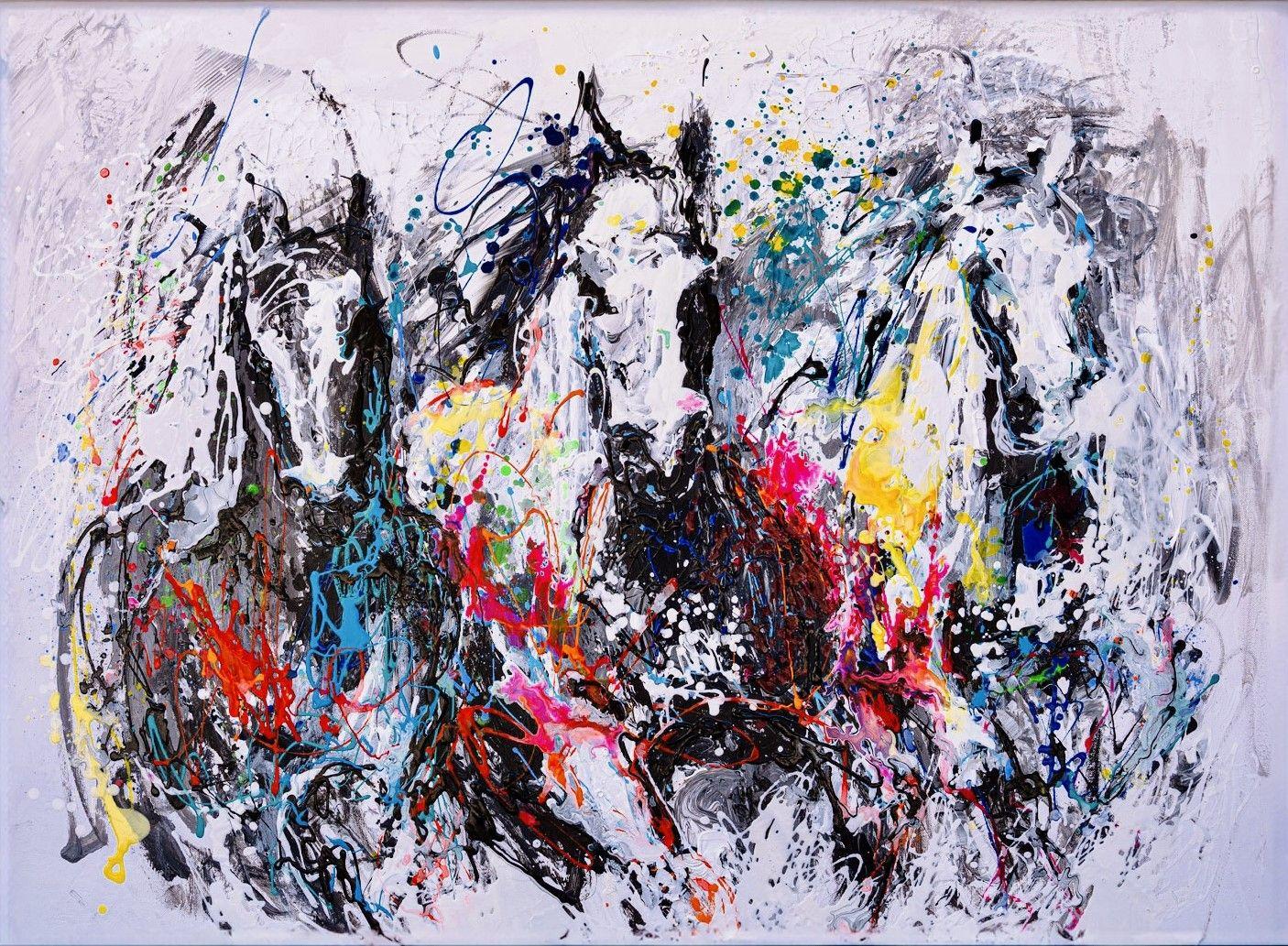 This abstract equine painting, "Celestial Symphony" by artist Gabrielle Benot is a 35.5x47 original mixed media painting on canvas depicting an energetic grouping of horses galloping towards the viewer.  This bold abstract painting explodes with