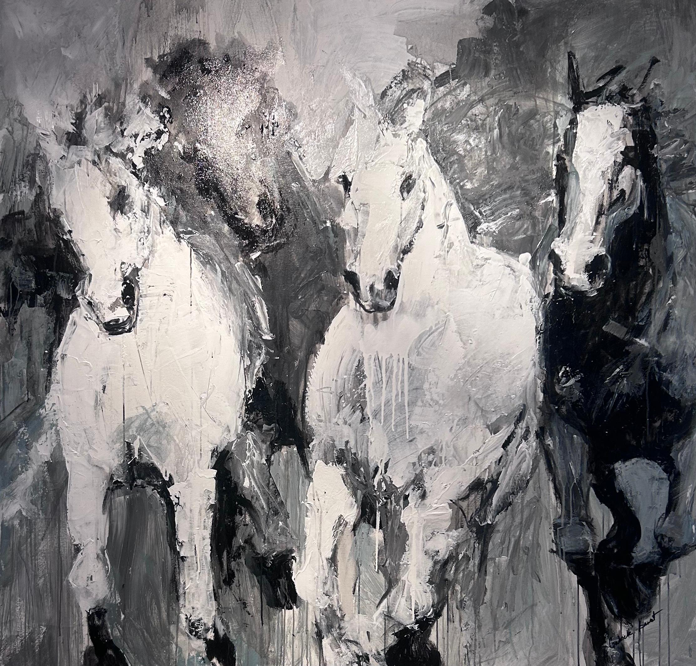 Gabrielle Benot "Freedom Line" 57x60 Black and White Horse Mixed Media Painting