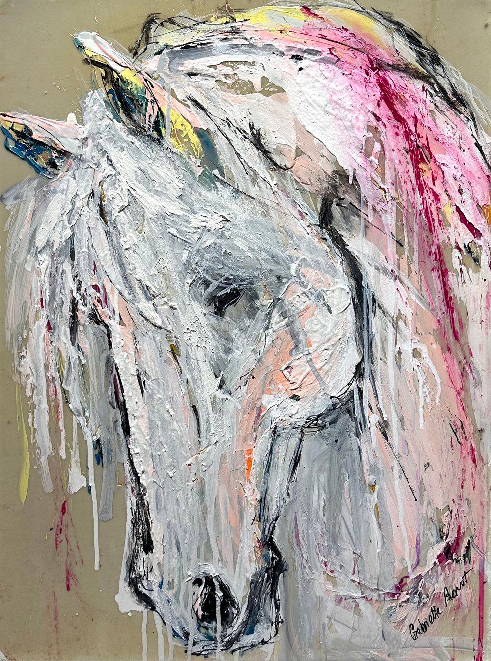 Questo quadro astratto di equino, "In White I" dell'artista Gabrielle Benot, è un dipinto a tecnica mista originale 24x18 su tela di un ritratto di cavallo in bianco, beige dorato e colori pastello chiari.  L'uso di mezzi misti e di applicazioni