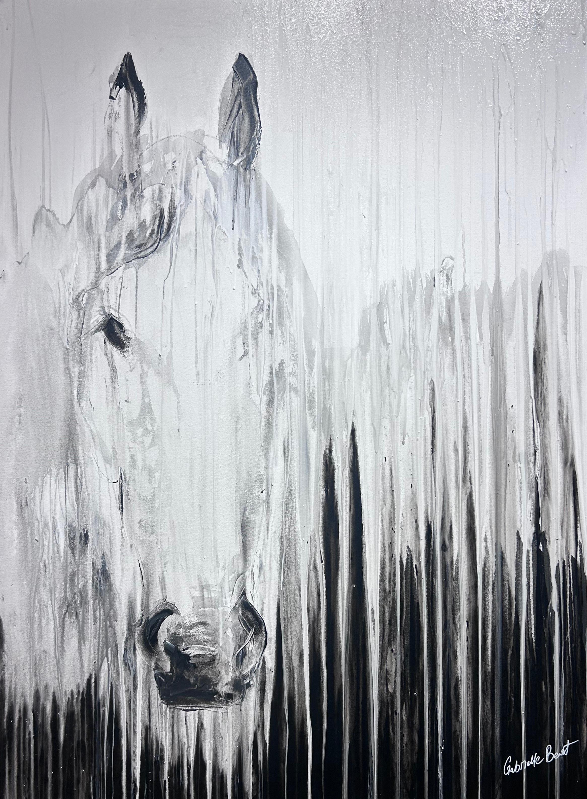 This abstract equine painting, "Mare in the Mist" by artist Gabrielle Benot is a 48x36 original mixed media painting on canvas.  Depicted is an abstract horse portrait, from a frontal view, in cream, white and grey.  To create three dimensional