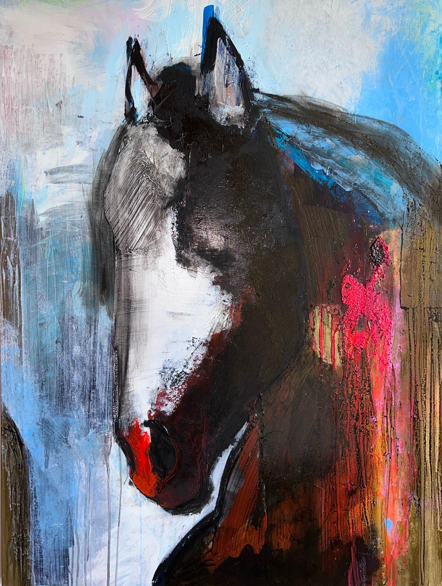This contemporary equine painting, "Mighty" by artist Gabrielle Benot is a 48x36 original mixed media painting on canvas.  Depicted is a colorful abstract horse from a side profile view.  Blues, blacks and pinks make up the majority of the colors. 