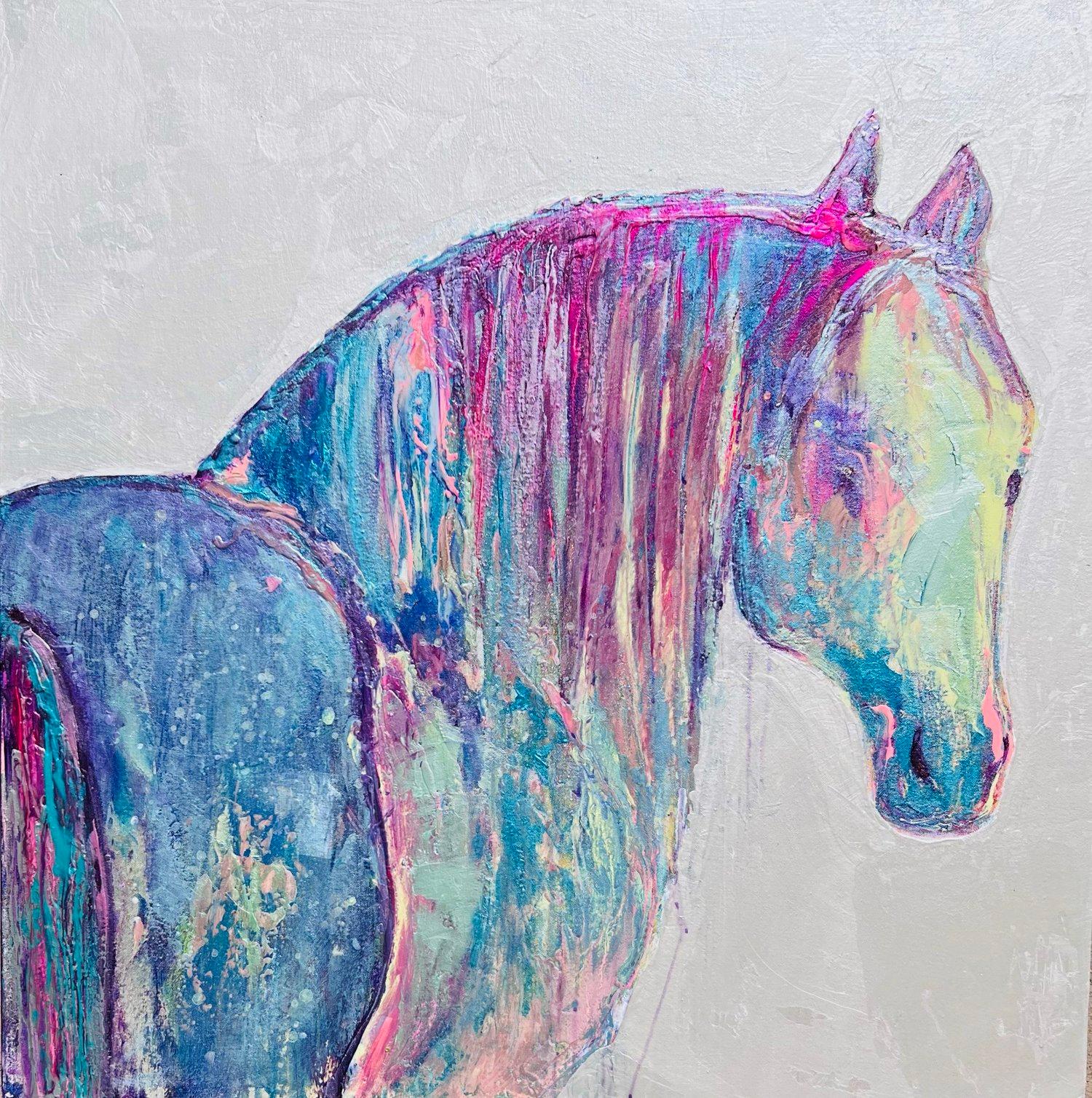 Gabrielle Benot, "Postura al pastel", Retrato equino abstracto Técnica mixta sobre lienzo