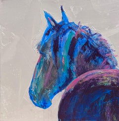 Gabrielle Benot, « Royal Blue », portrait abstrait en technique mixte d'équitation sur toile
