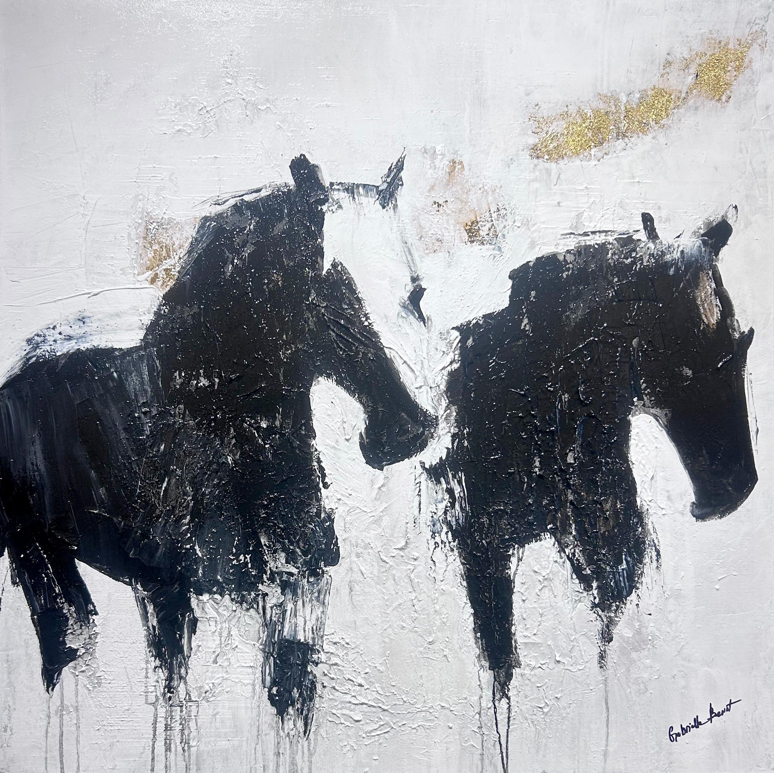 This contemporary equine painting, "Shared Ground" by artist Gabrielle Benot is a 40x40 original mixed media painting on canvas.  Depicted is two monochromatic black abstract horses. The two horses are standing peacefully side by side, accented with