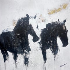 Gabrielle Benot "Shared Ground" 40x40 Black and White Horse Mixed Media Painting