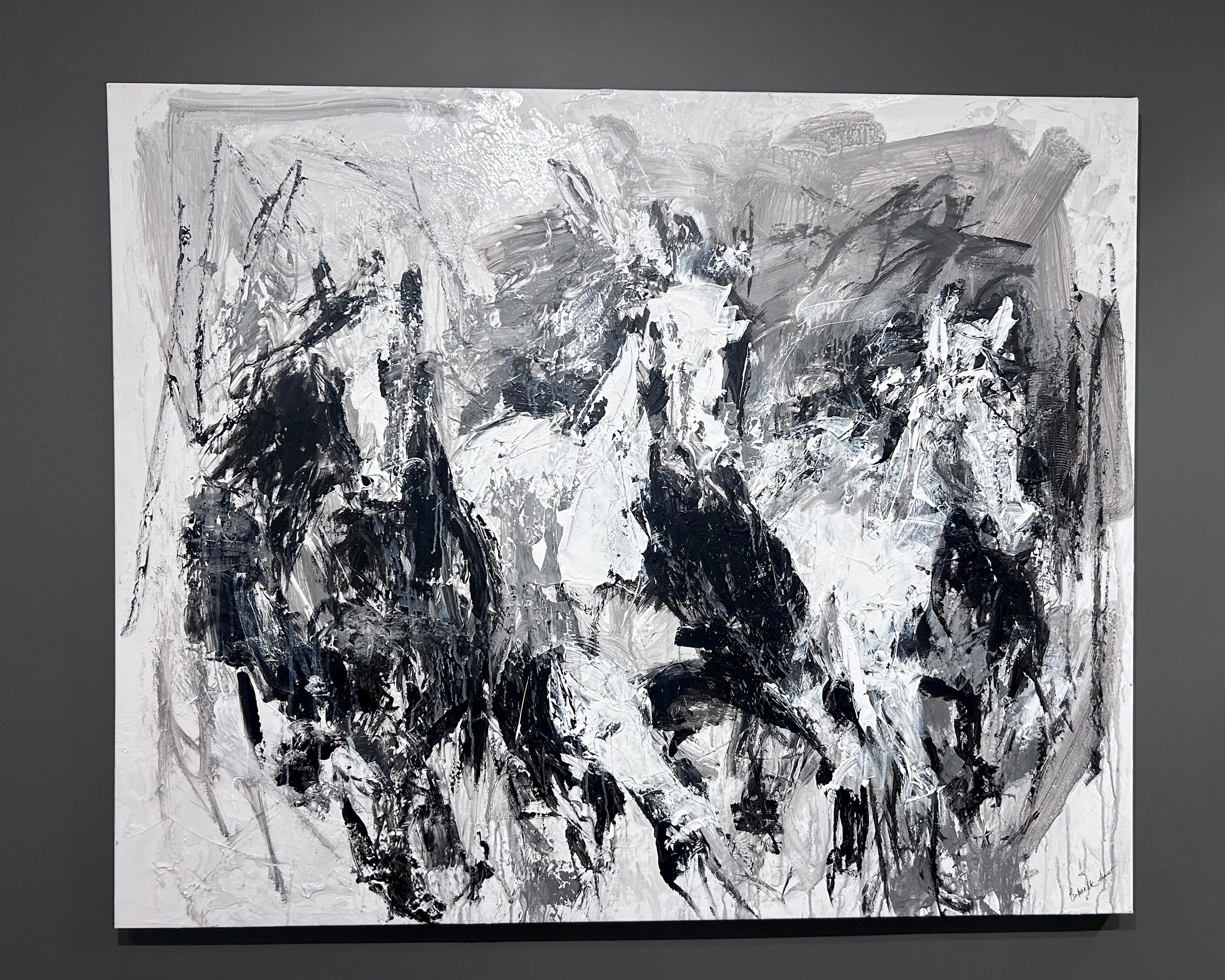 Gabrielle Benot, „Unbridled Fusion“, 47x58 Schwarzes und weißes Pferdgemälde im Angebot 1