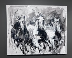 Gabrielle Benot, "Fusion débridée", peinture de cheval noir et blanc 47x58