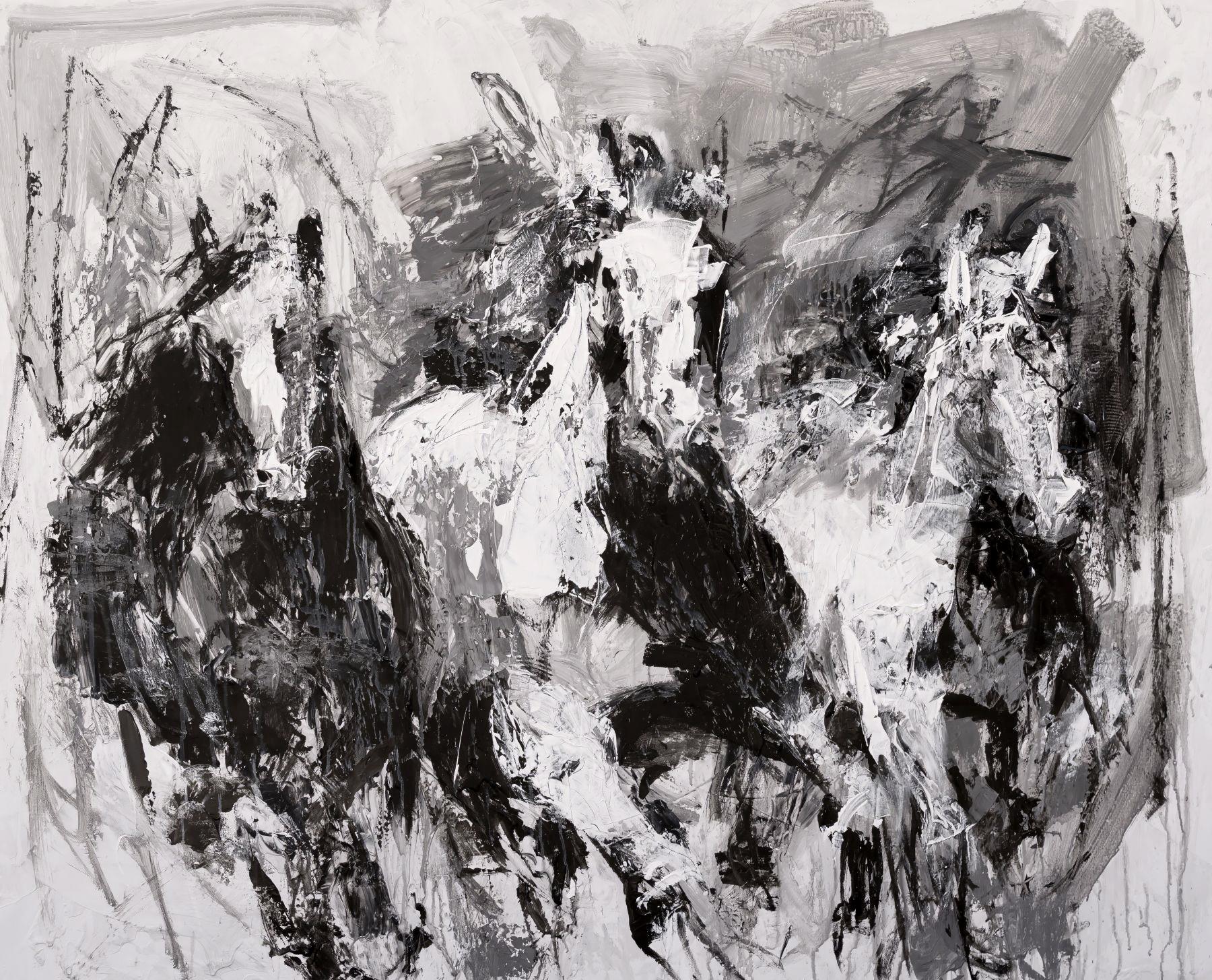 Gabrielle Benot, "Fusión desenfrenada", Pintura a caballo en blanco y negro de 47x58