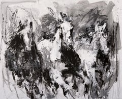 Gabrielle Benot, "Fusion débridée", peinture de cheval noir et blanc 47x58
