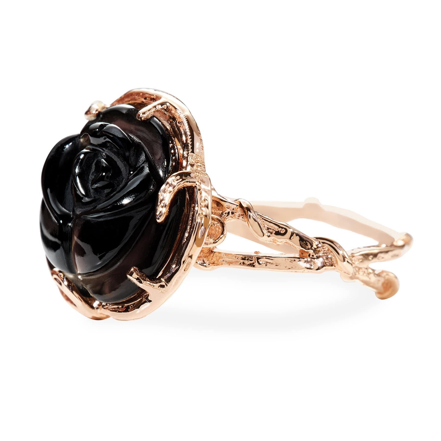 Beauty with a sense of danger, our poetic 14k Rose Gold Gabrielle Ring features a carved black onyx rosebud secured by thorny claws and centered on a double vine detailed band. This talismanic ring represents the strength and determination to dream