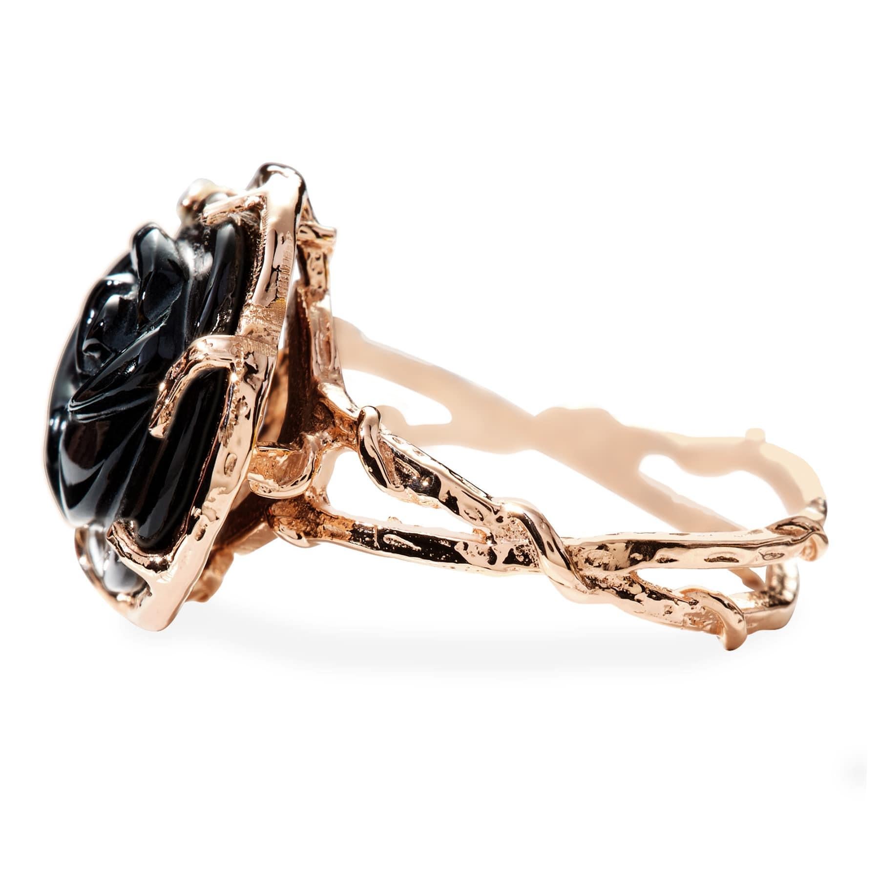 Modern Gabrielle Carved Rosebud Ring in 14k Rose Gold and Black Onyx For Sale