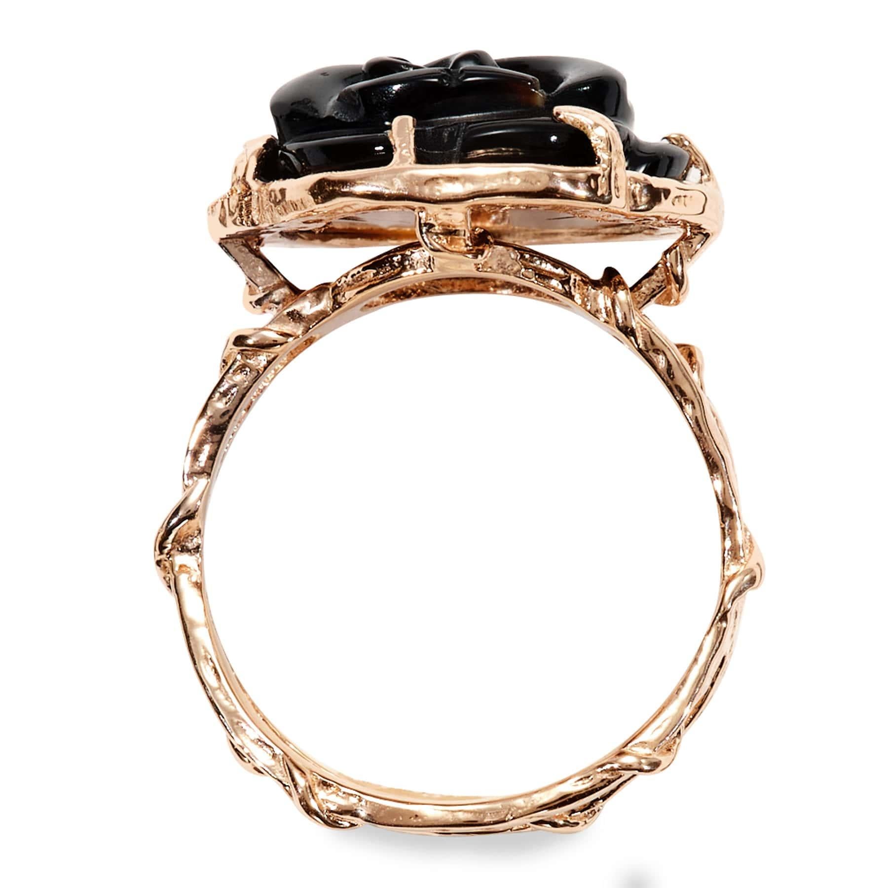 Cabochon Gabrielle Carved Rosebud Ring in 14k Rose Gold and Black Onyx For Sale