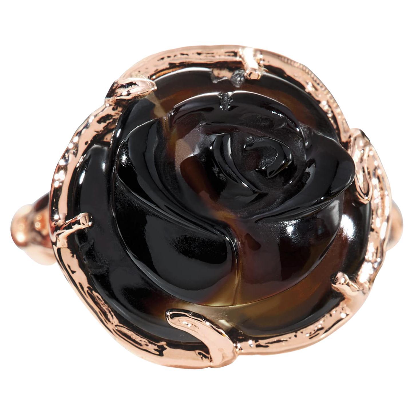 Gabrielle Carved Rosebud Ring in 14k Rose Gold and Black Onyx For Sale