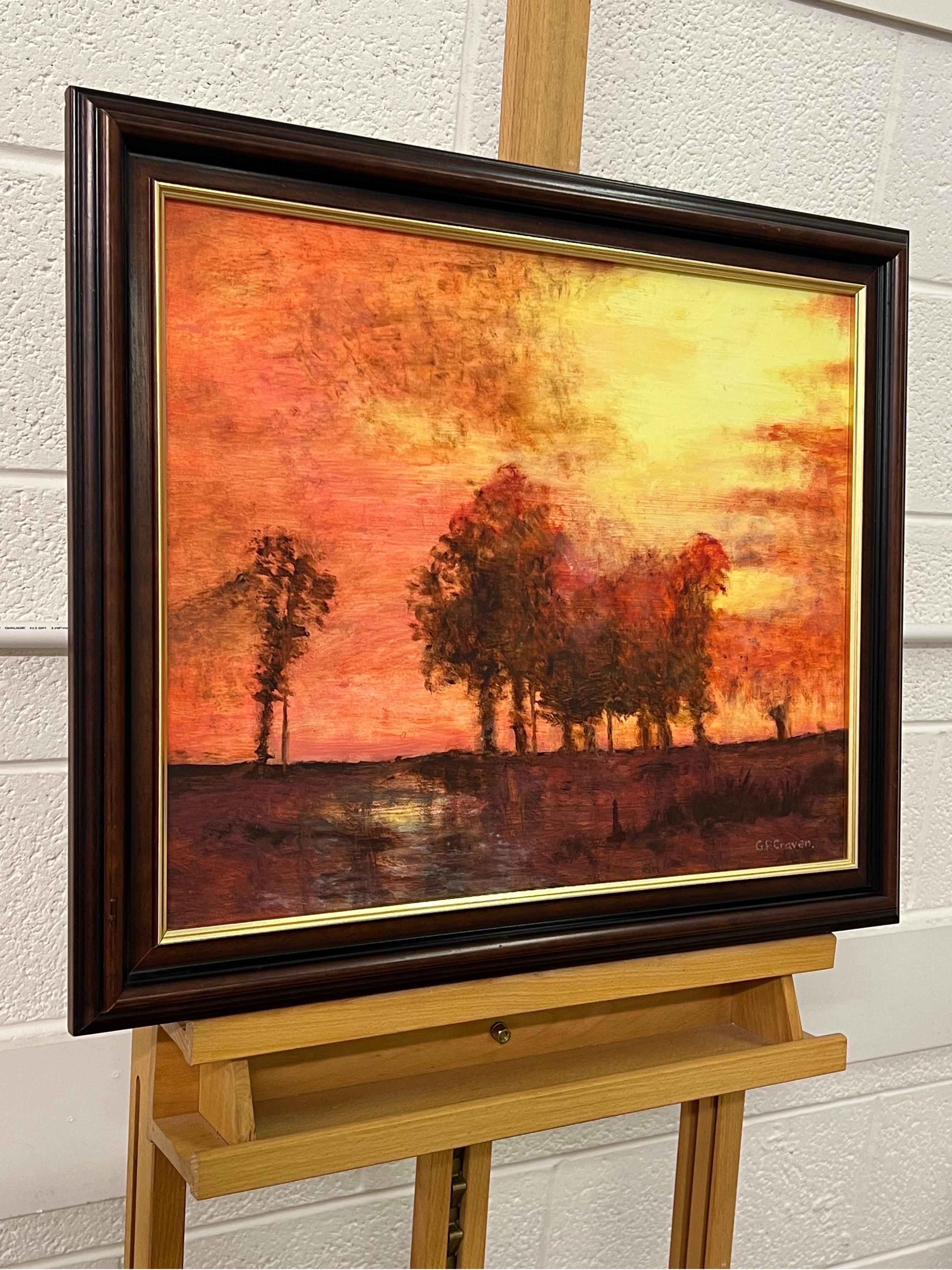 Tree Landscape Sunset with Oranges & Yellows by British Artist - Painting by Gabrielle Craven