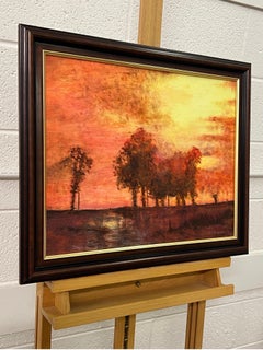 Paisaje arbóreo atardecer con naranjas y amarillos por artista británico