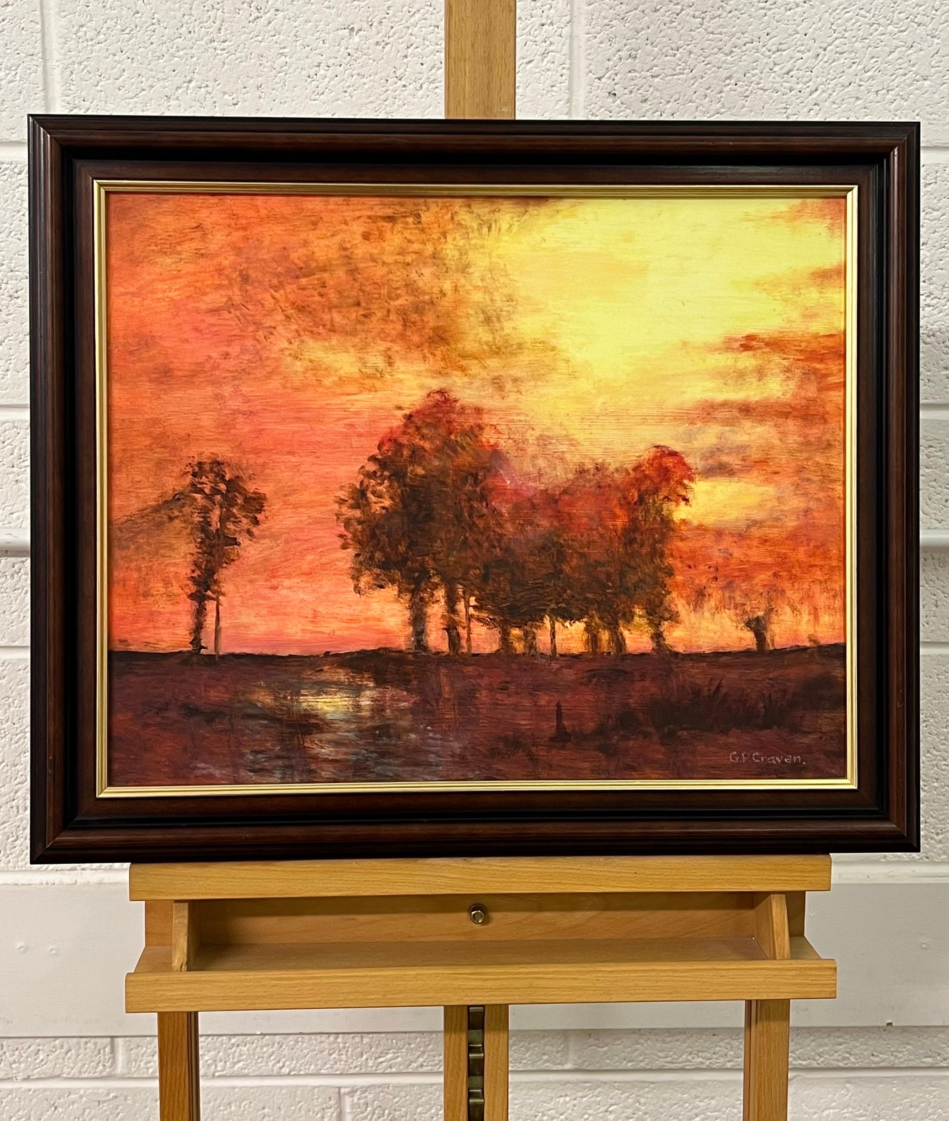 Tree Landscape Sunset with Oranges & Yellows by British Artist, Gabrielle Craven 
Mixed Media on Board 

Art measures 20 x 16 inches
Frame measures 24 x 20 inches
