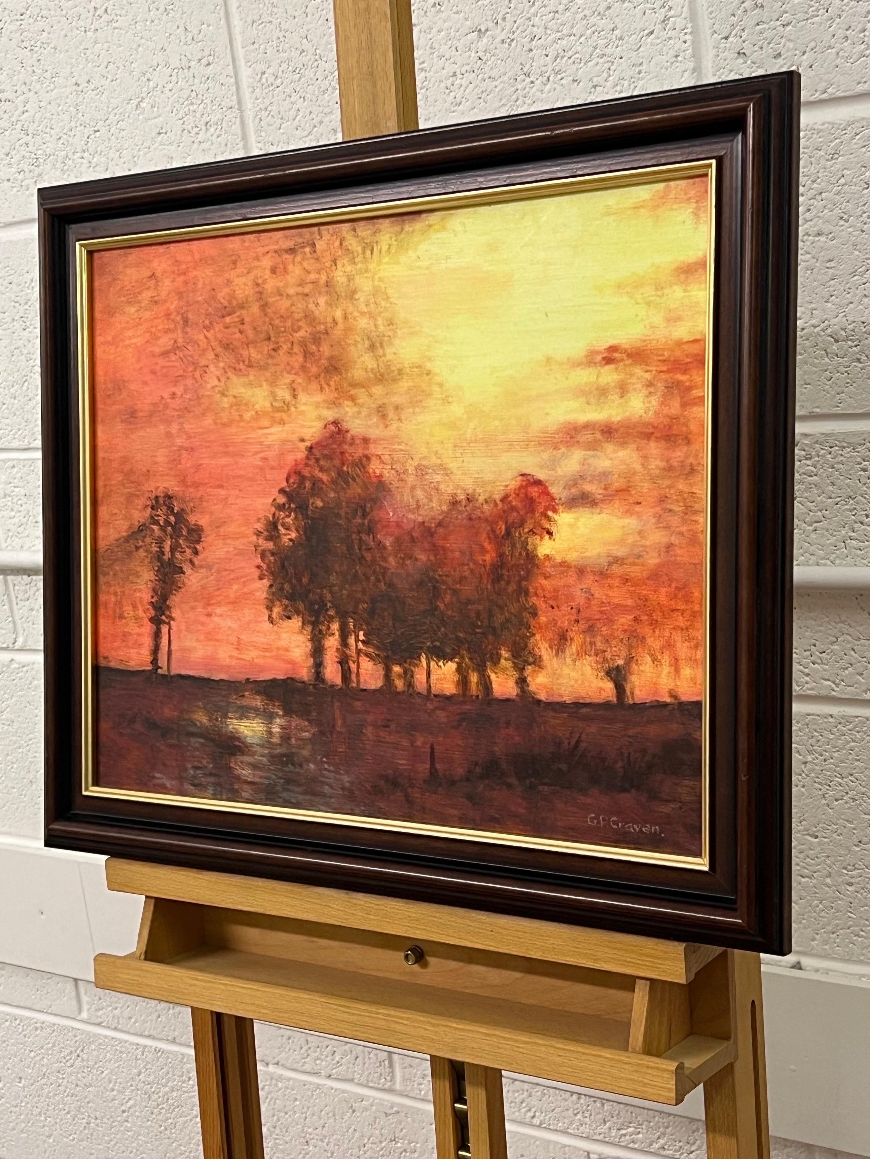 Tree Landscape Sunset with Oranges & Yellows by British Artist For Sale 1
