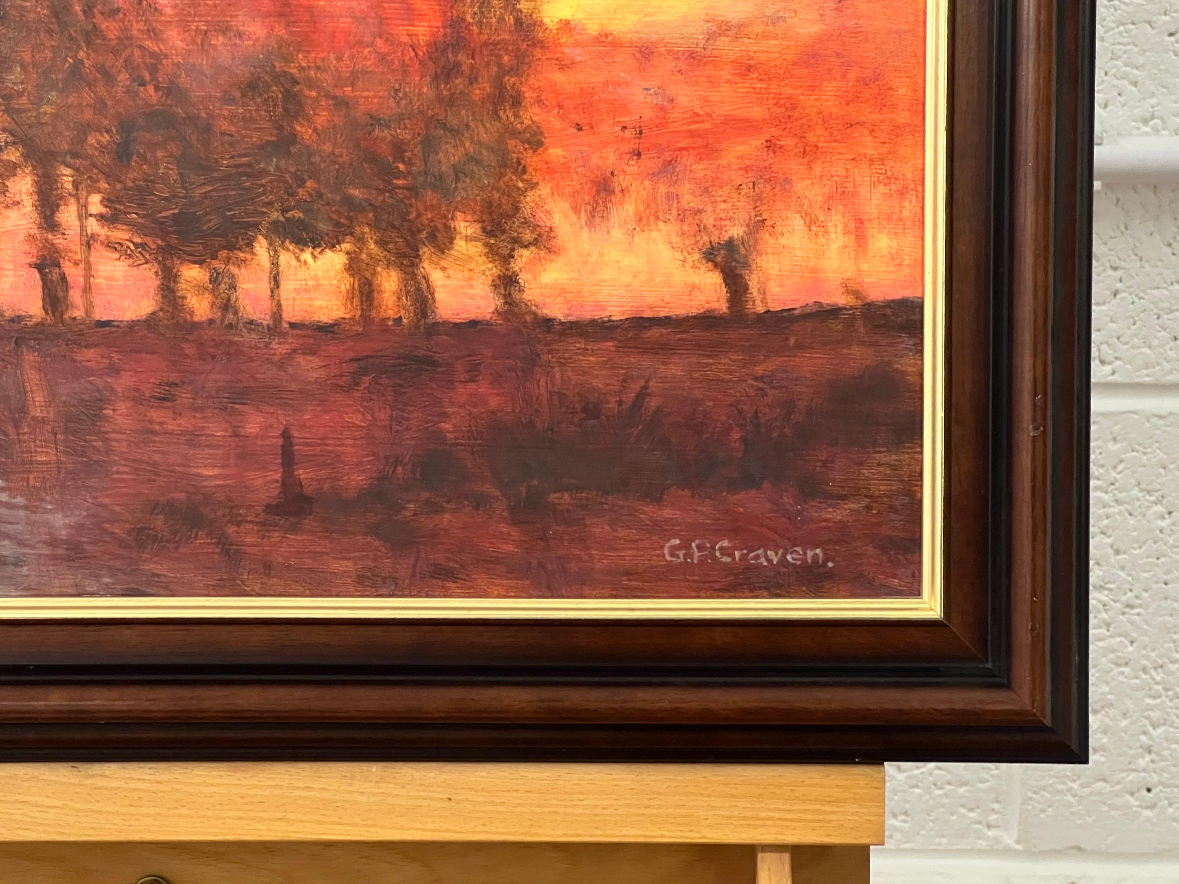 Tree Landscape Sunset with Oranges & Yellows by British Artist For Sale 2
