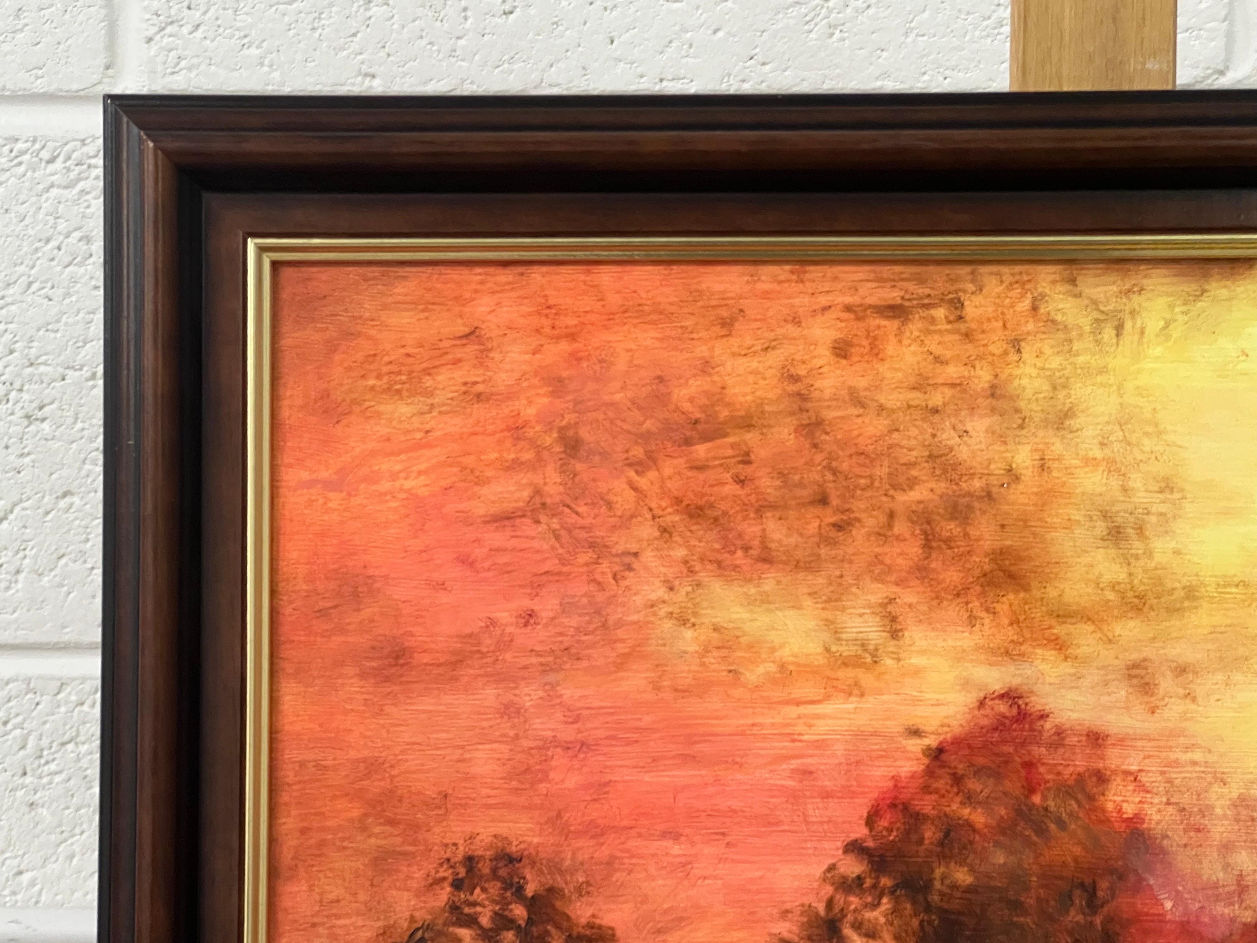 Tree Landscape Sunset with Oranges & Yellows by British Artist For Sale 4