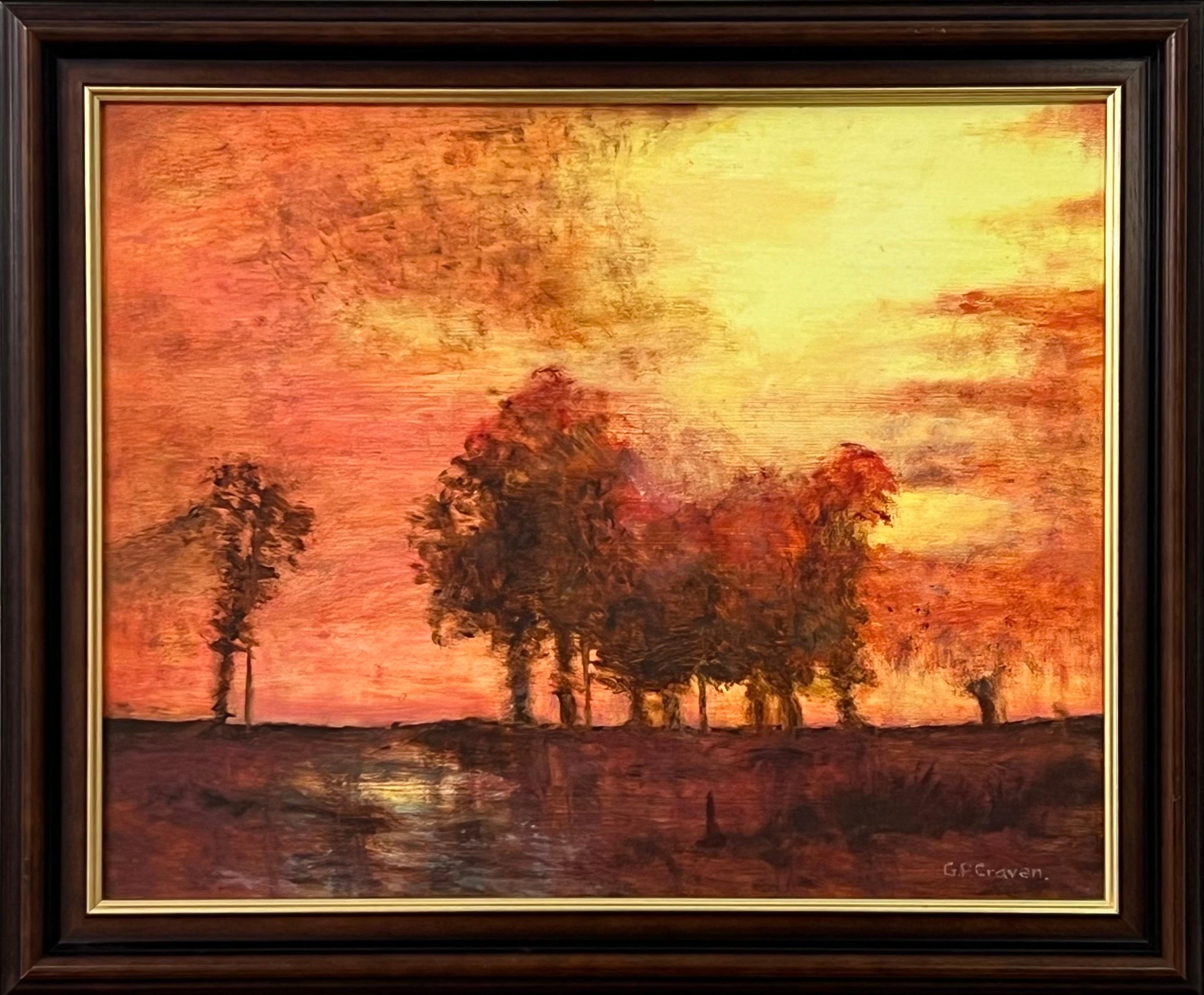 Gabrielle Craven Landscape Painting – Baum Landschaft Sonnenuntergang mit Orangen & Gelben von britischen Künstler