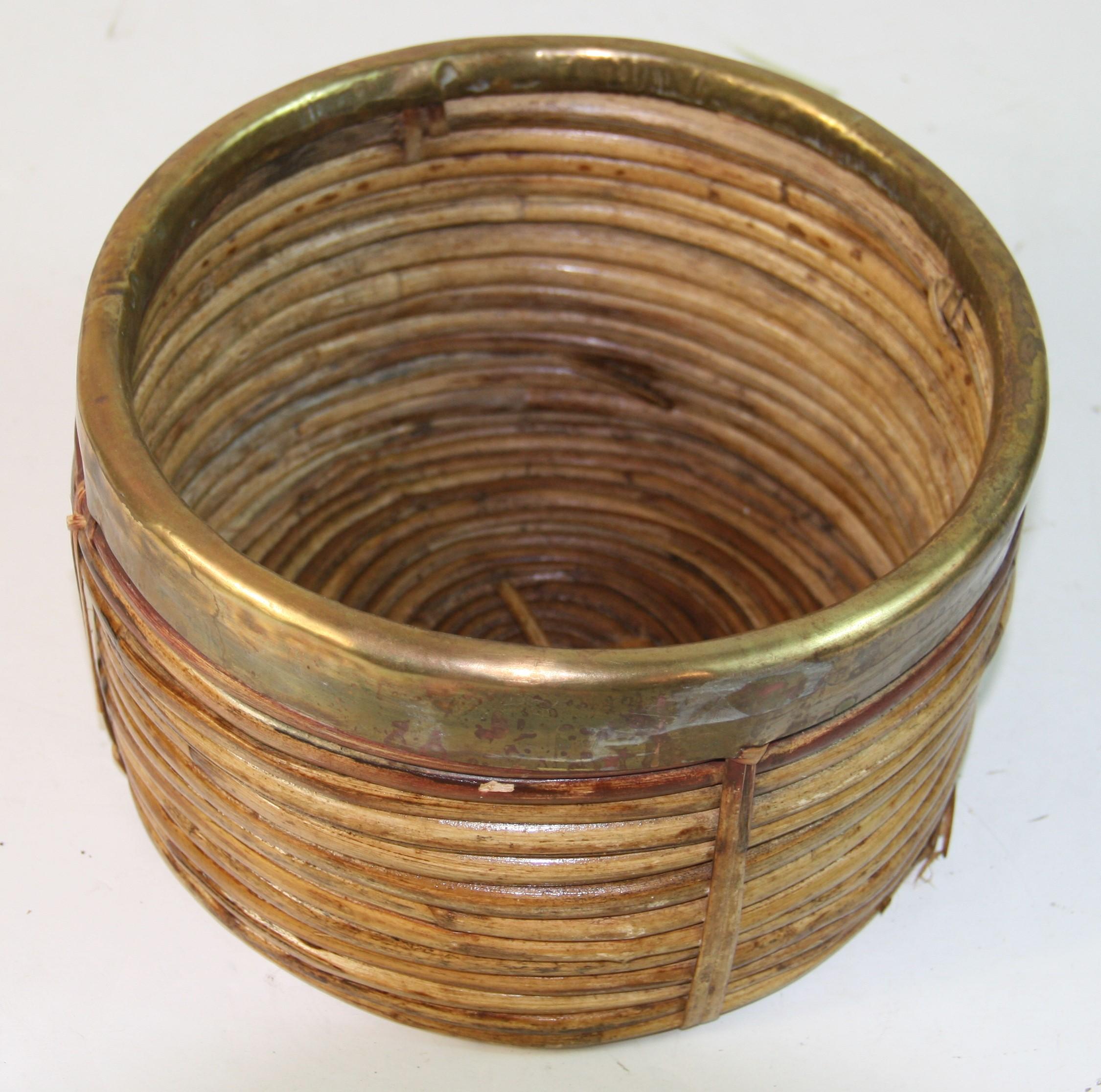 Hand-Crafted Gabrielle Crespi  Rattan and Brass Trimmed Basket , Italy 1970 For Sale