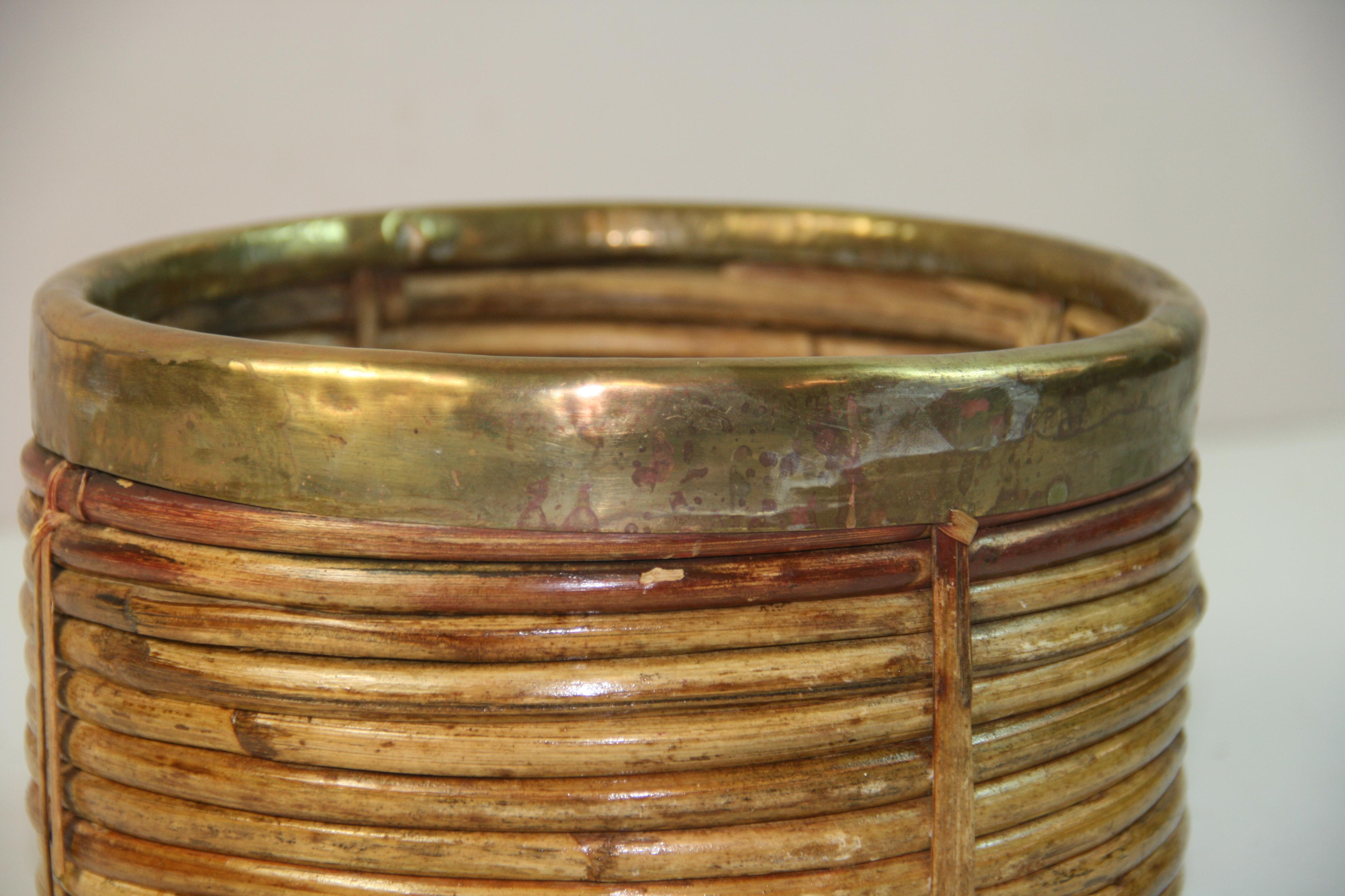 Late 20th Century Gabrielle Crespi  Rattan and Brass Trimmed Basket , Italy 1970 For Sale
