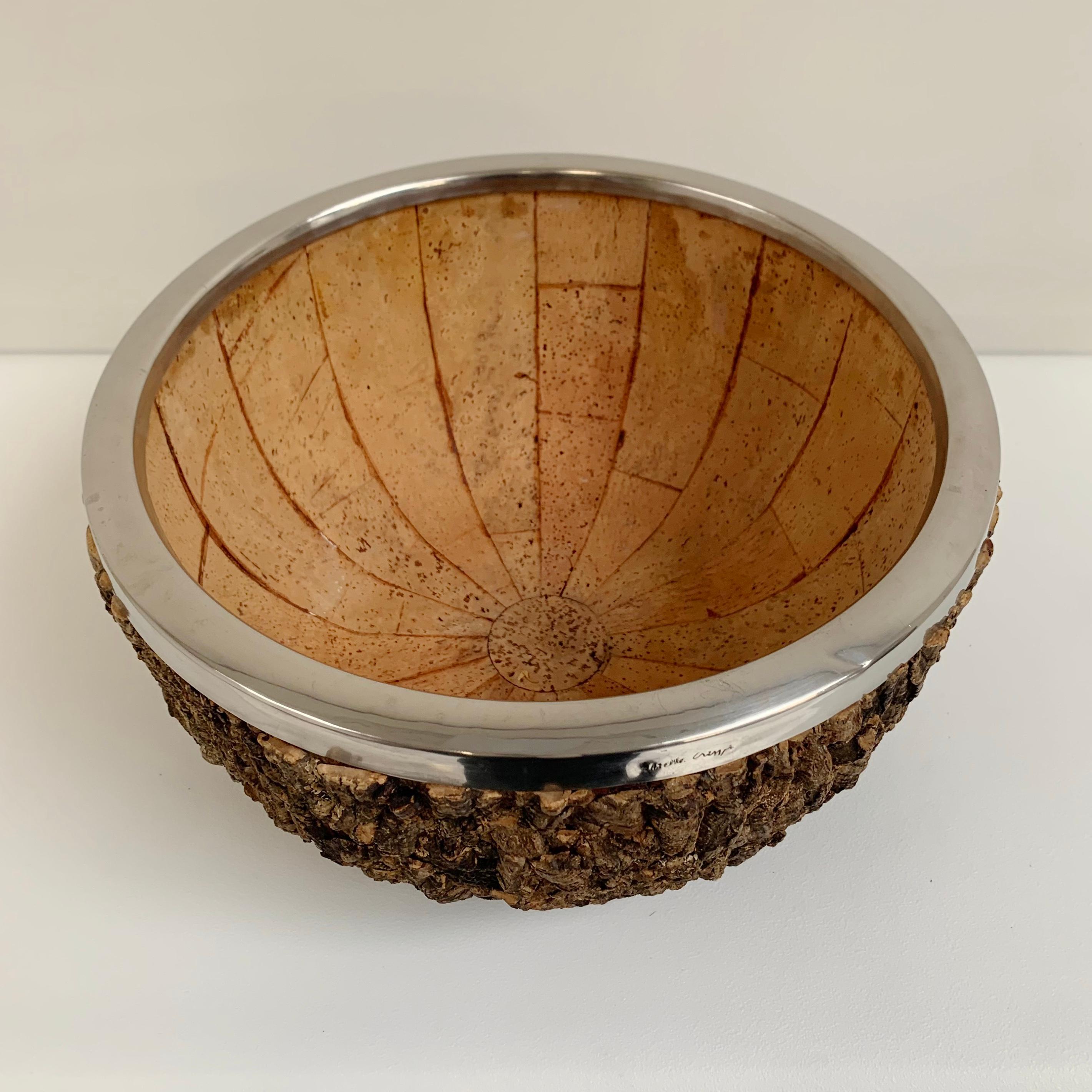 Metal Gabrielle Crespi Signed Large Cork Bowl, circa 1974, Italy. For Sale