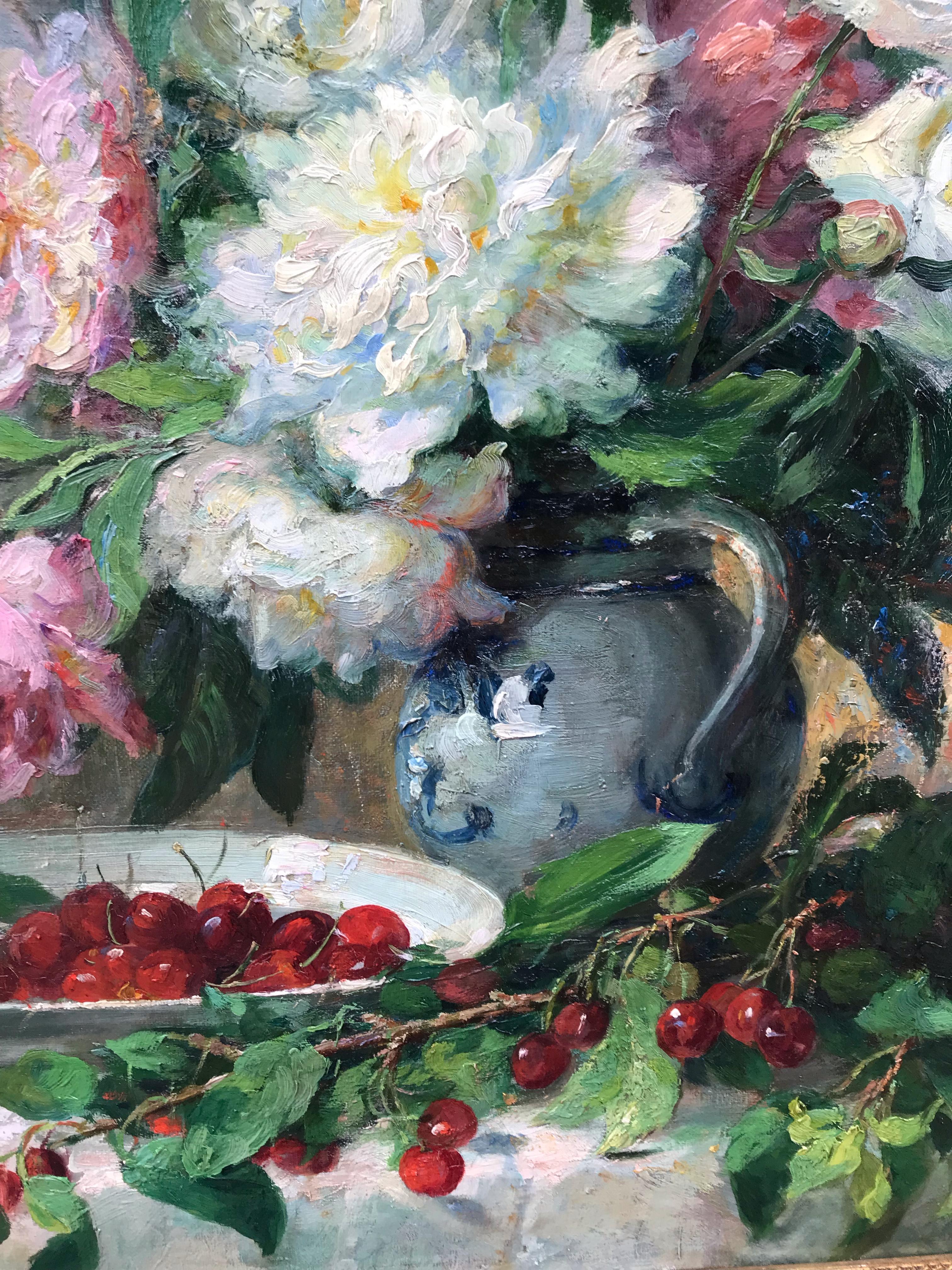 Gabrielle MILLIOUD-MELAY (1875-1931)
Peonie e ciliegie
Olio su tela firmato in basso a destra
Vecchia cornice
Dimensioni della tela: 54 X 73 cm
Dimensioni della cornice: 76 X 95 cm

Pittore francese del XIX secolo 
Scuola di Lyon  
Fu istruita da