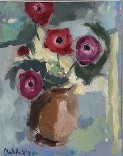 Anemones dans une cruche en terre cuite, peinture originale, art d'intérieur, fleurs