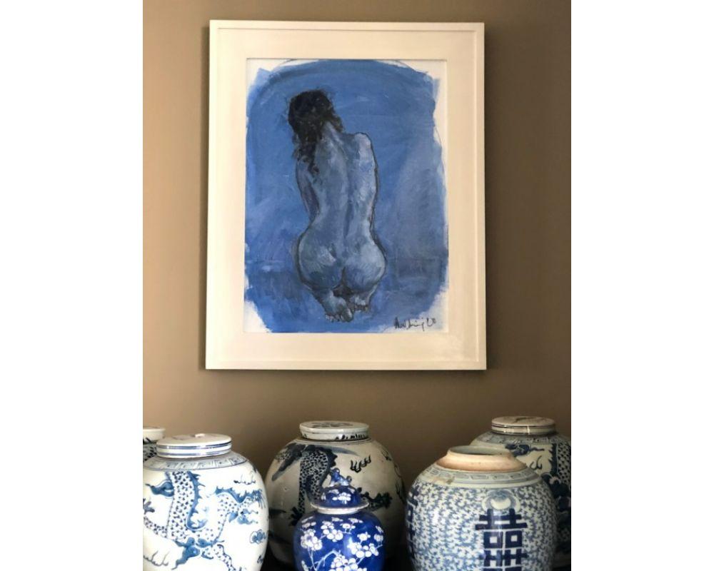 Nu bleu avec huile sur toile de lin, peinture originale, Nu, Femme - Painting de Gabrielle Moulding