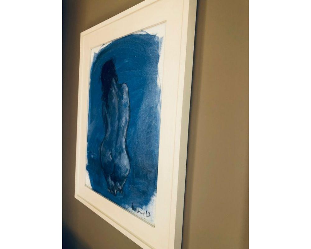 Nu bleu de Gabrielle Moulding [2020]

Cette peinture a été réalisée dans mon Studio à partir de dessins et d'aquarelles du modèle. J'aime dessiner et peindre d'après nature pour capturer une humeur ou un geste. Dans cette série de nus, j'ai voulu