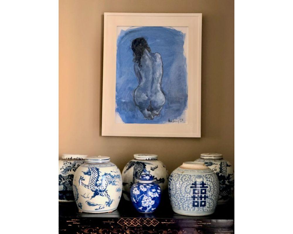 Nu bleu avec huile sur toile de lin, peinture originale, Nu, Femme en vente 1